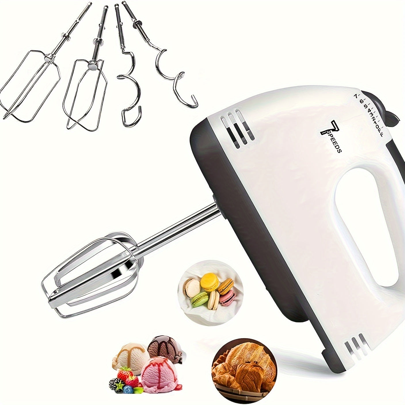 7 tezlikli elektr qo‘l mikseri, zanglamaydigan po‘latdan yasalgan urishlar bilan, kompaktdagi oziq-ovqat uchun xavfsiz, pishirish uchun mo‘ljallangan
