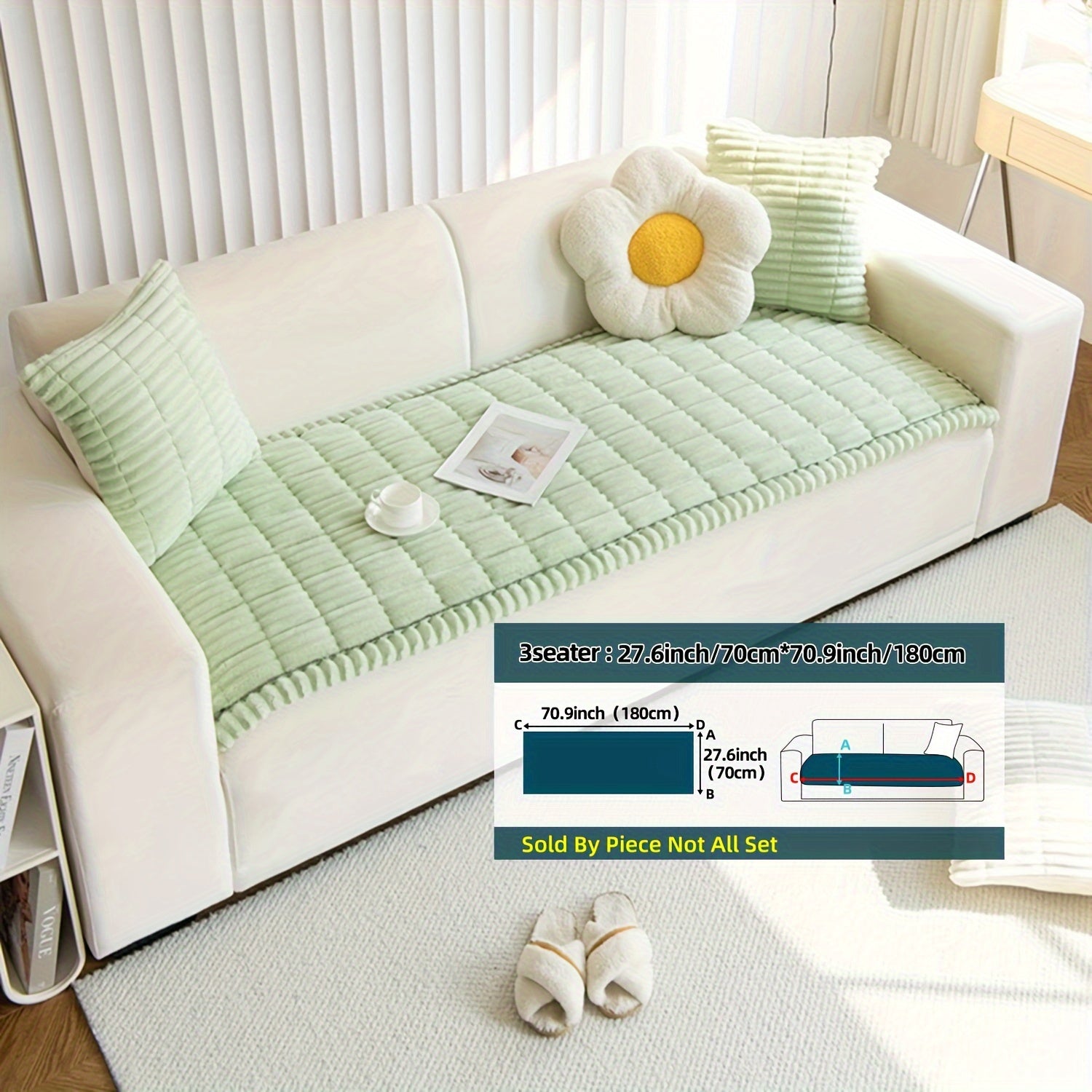 Boho Style Quilted Short Plush Sofa Cover with Ruffle Design Non-Slip Pet Friendly Machine Washable