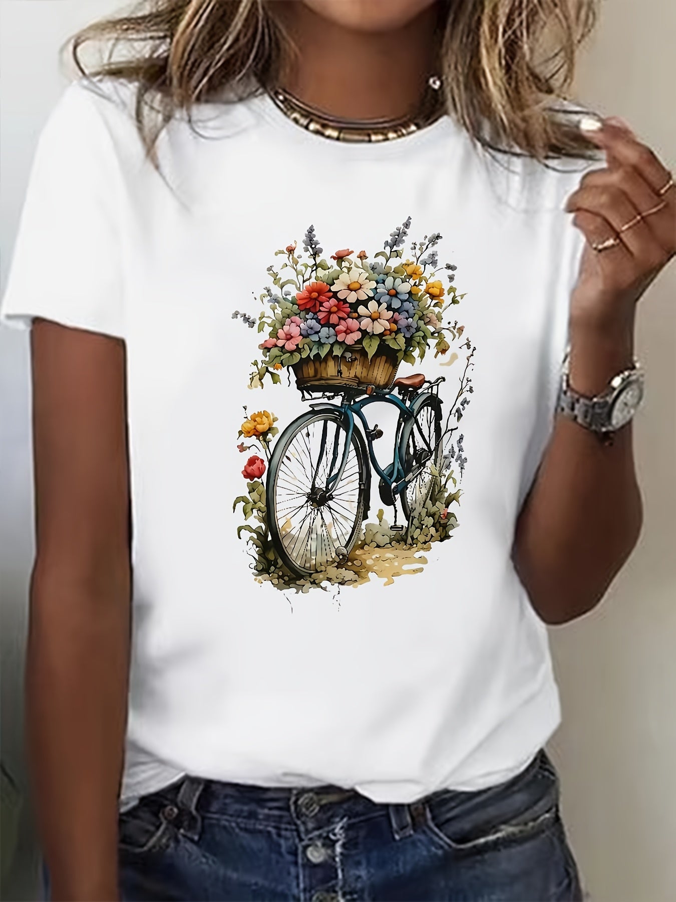 Women's Floral Bicycle Print Short Sleeve T-Shirt Casual Summer Top Polyester Blend