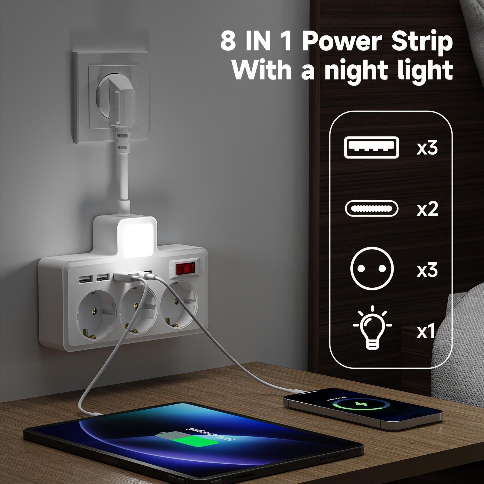 8-in-1 EU Power Strip with Night Light, 3 AC Outlets, 3 USB, 2 Type-C Ports