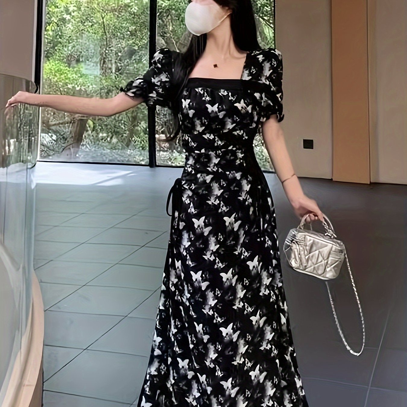 Платье A-line с квадратным вырезом и принтом бабочек, короткий рукав, длина до щиколотки, идеально подходит для весны и лета, женская одежда.