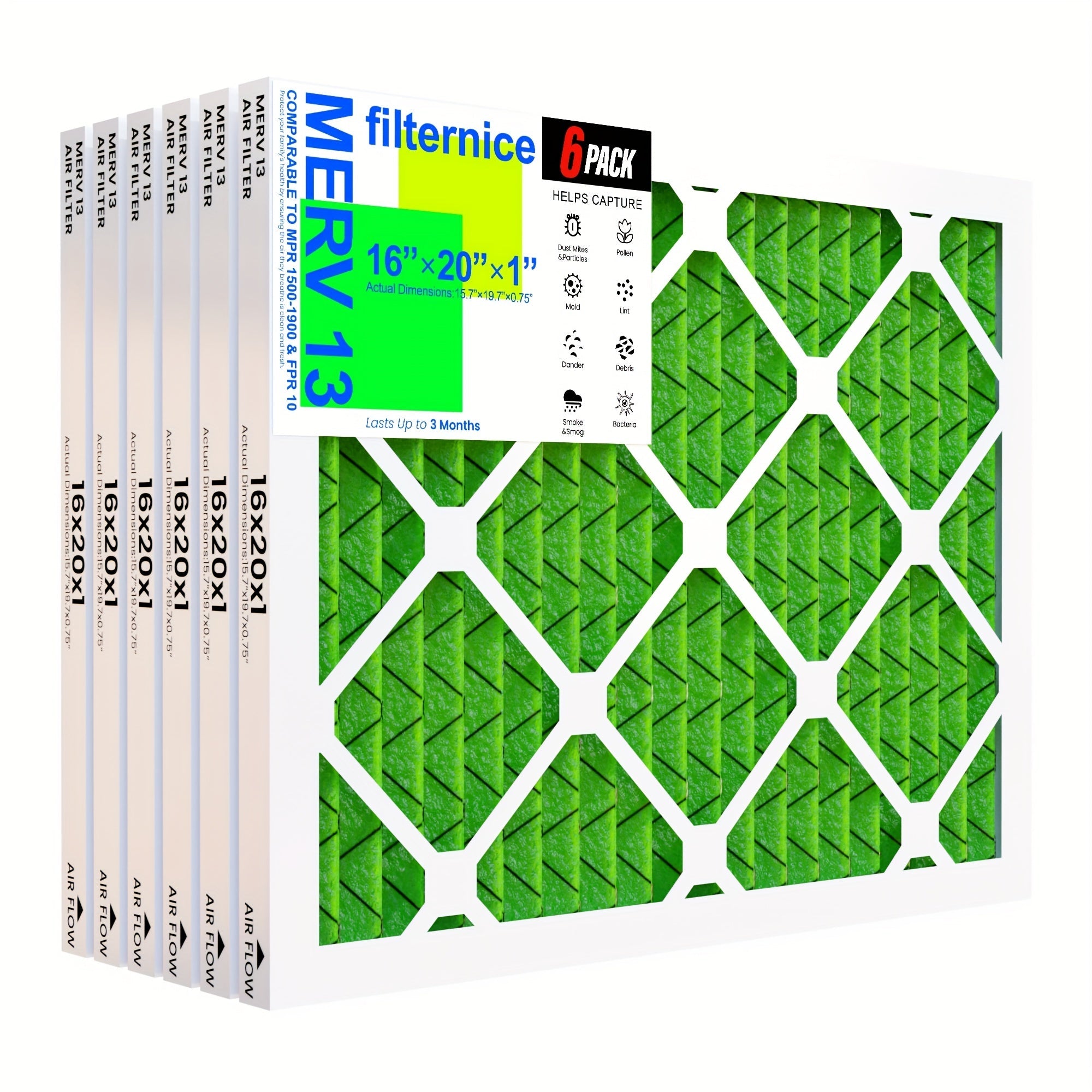 HVAC AC va pech uchun 40.64x50.8x2.54 sm elektrostatik qirqilgan havo filtrlarining olti to'plami, MERV8, MERV11 va MERV13 da mavjud. Havo konditsioneri uchun zaruriy aksessuarlar.