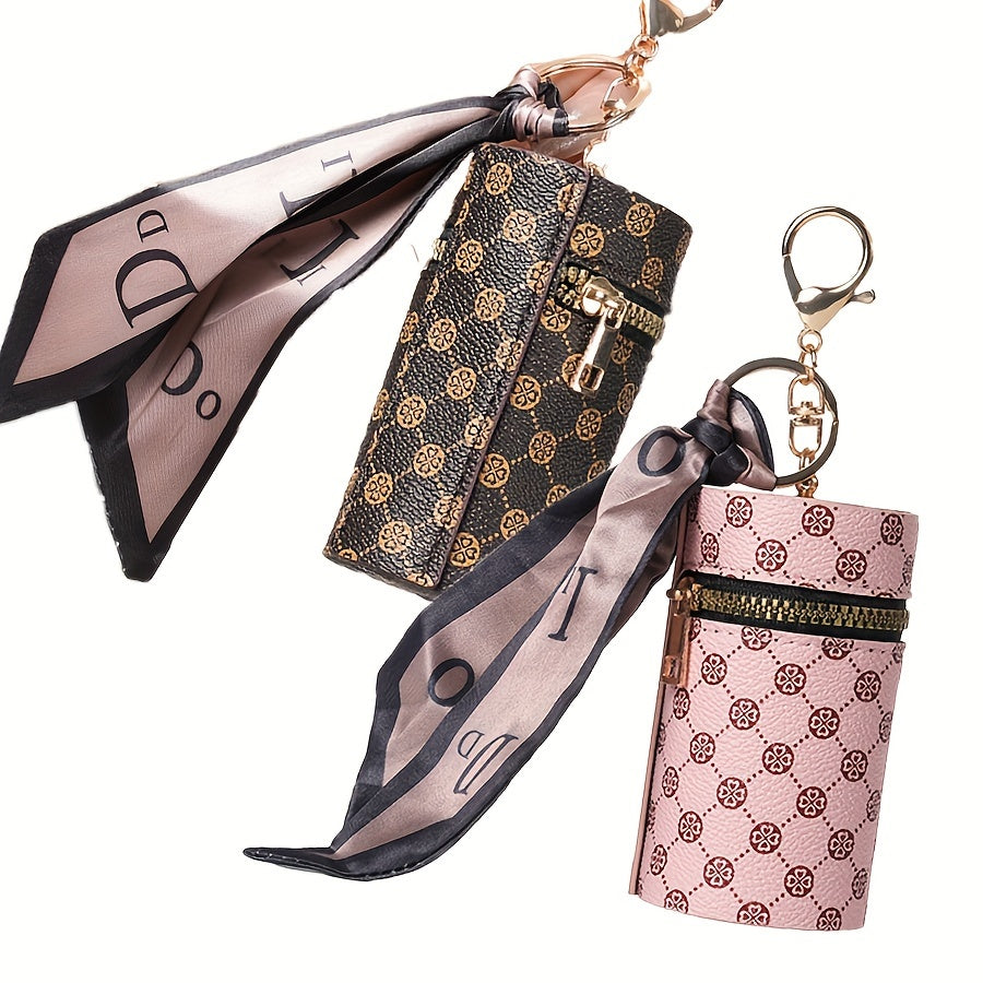 Faux Leather Lipstick Holder Keychain with Ring for Women, Retro Geometric Design, Valentine's Day Gift