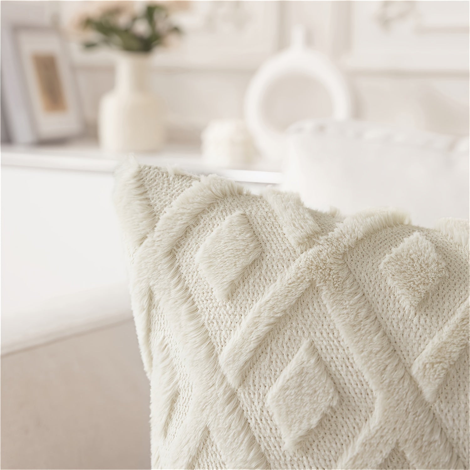 Beige Faux Wool Throw Pillow Covers 18x18 Inches for Couch Sofa Decor