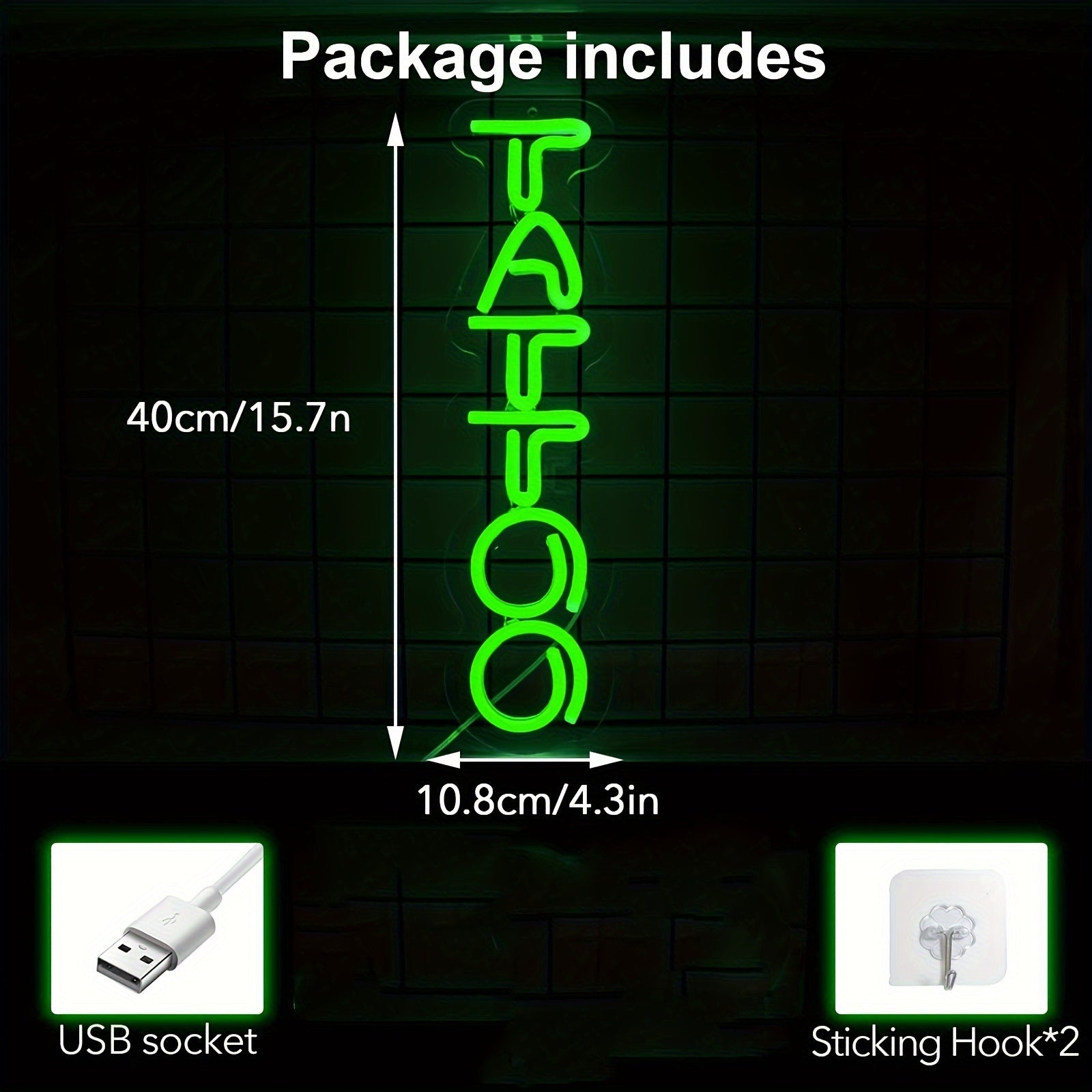 Green Neon Tattoo Sign with Dimmable LED Lights for Beauty Salons and Man Caves USB Powered
