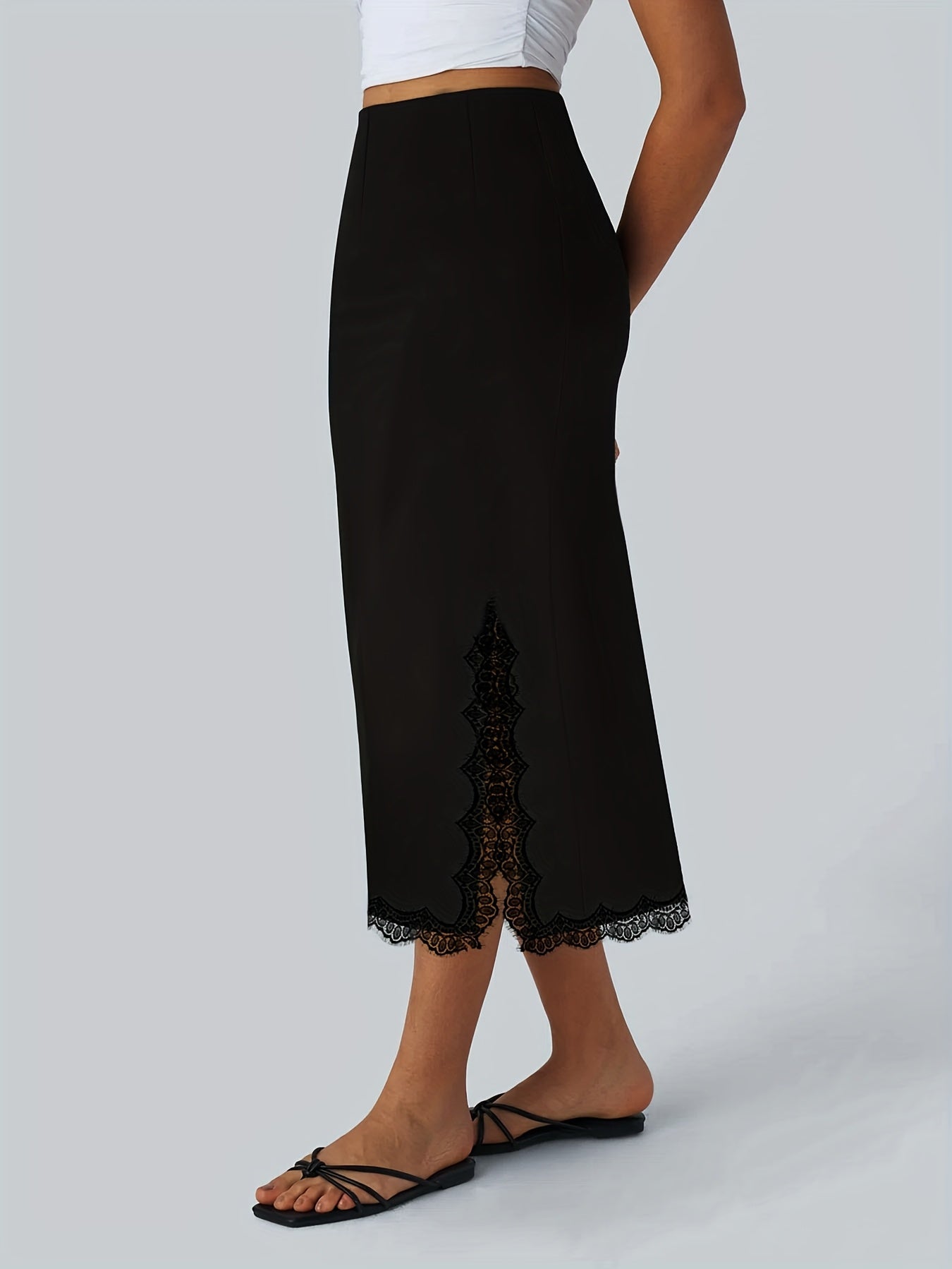 Plus Size Women's Lace Midi Skirt with Side Slit High-Waisted Stretchy Comfortable