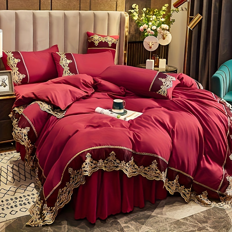 Lace Bedding Set with Quilt Cover and Pillowcases in Multiple Colors Solid Pattern All-Season Polyester