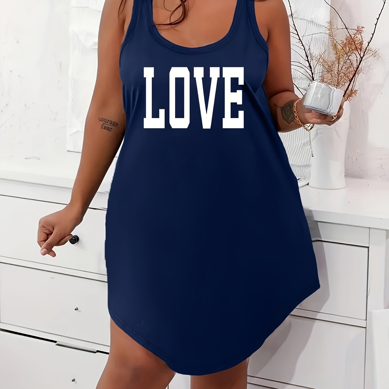 Plus Size Women's Cotton Lounge Dress Scoop Neck Racerback Home Wear