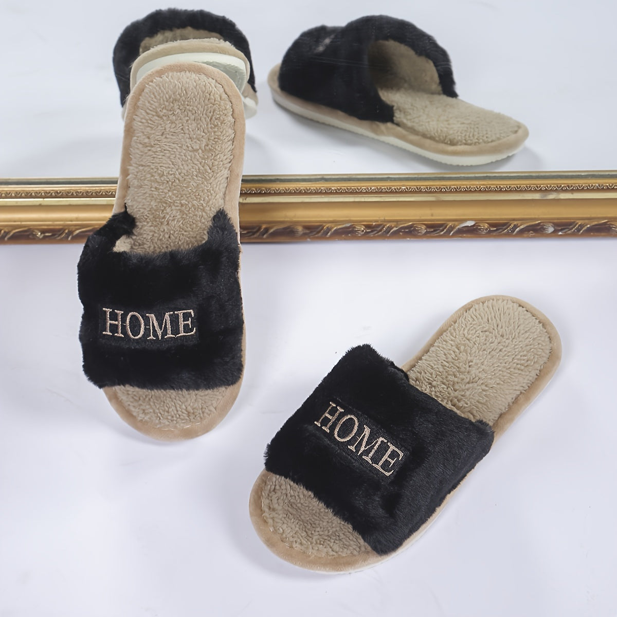 White Women's Plush Slippers with "HOME" Embroidery Indoor Cozy Furry Slip-Ons