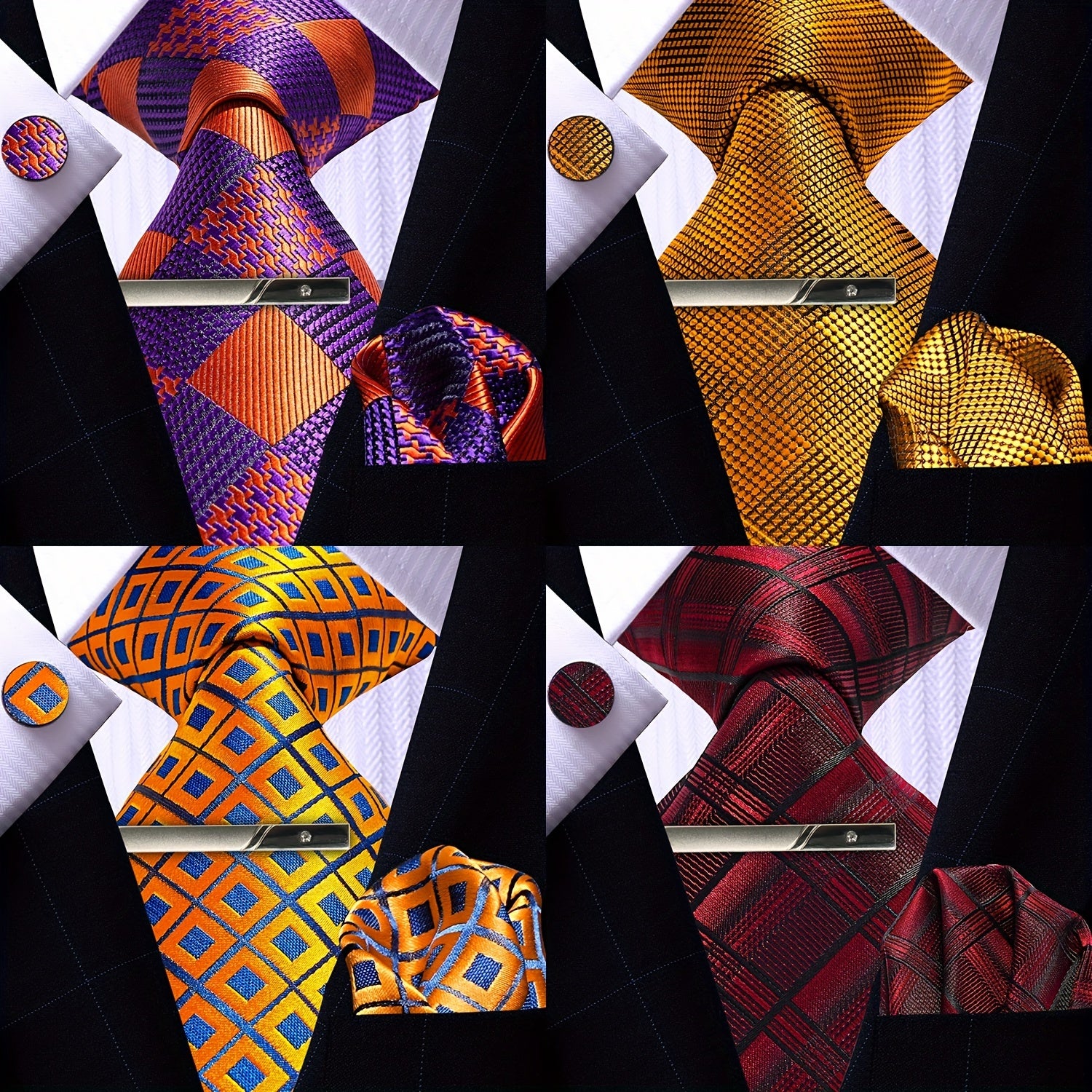 Men's Plaid Tie Pocket Square Cufflinks and Clip Set
