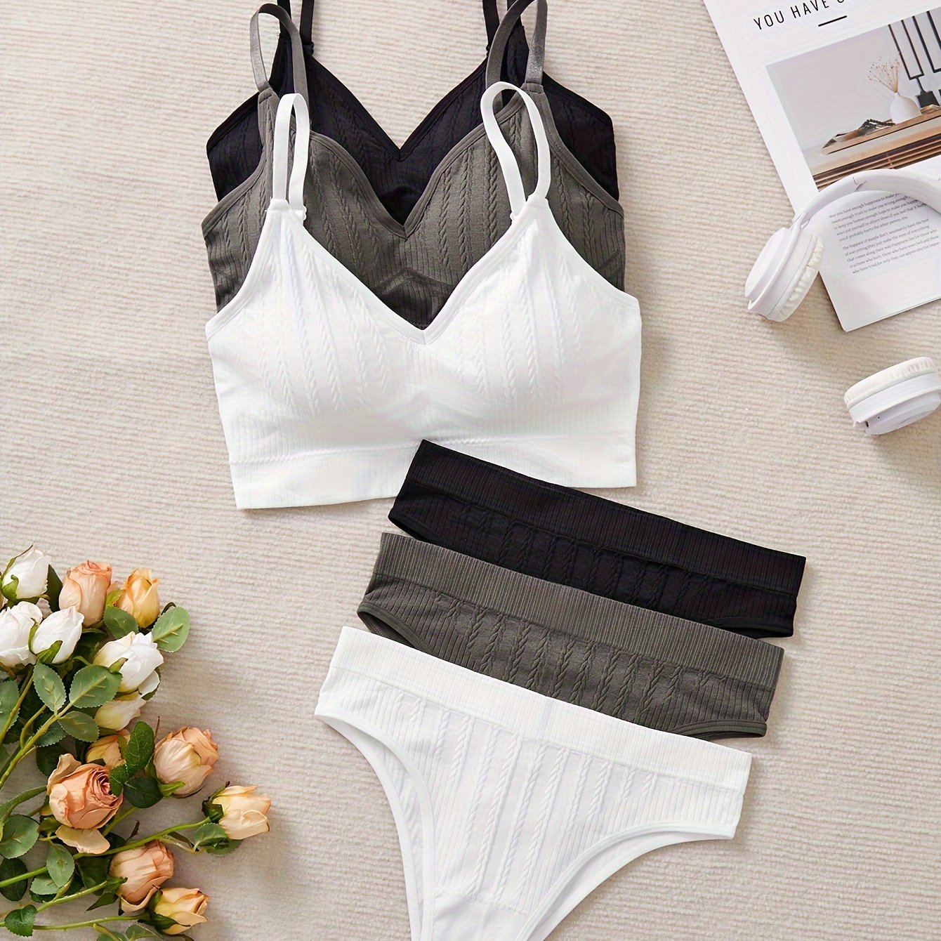 Seamless Lingerie Set for Women 6-Piece Solid Color Mid-Rise Briefs Polyamide Elastane