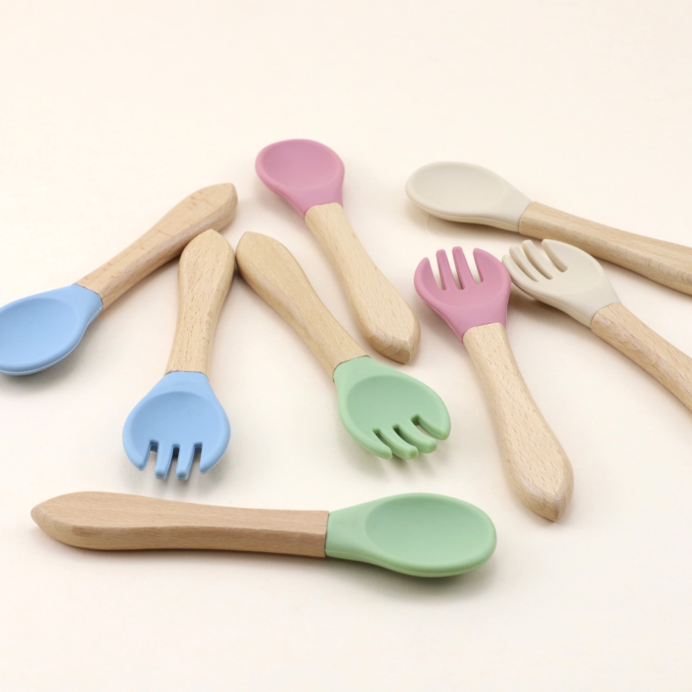 Baby Feeding Set 3-Piece Silicone Divided Plate with Suction Wooden Spoon Fork Red