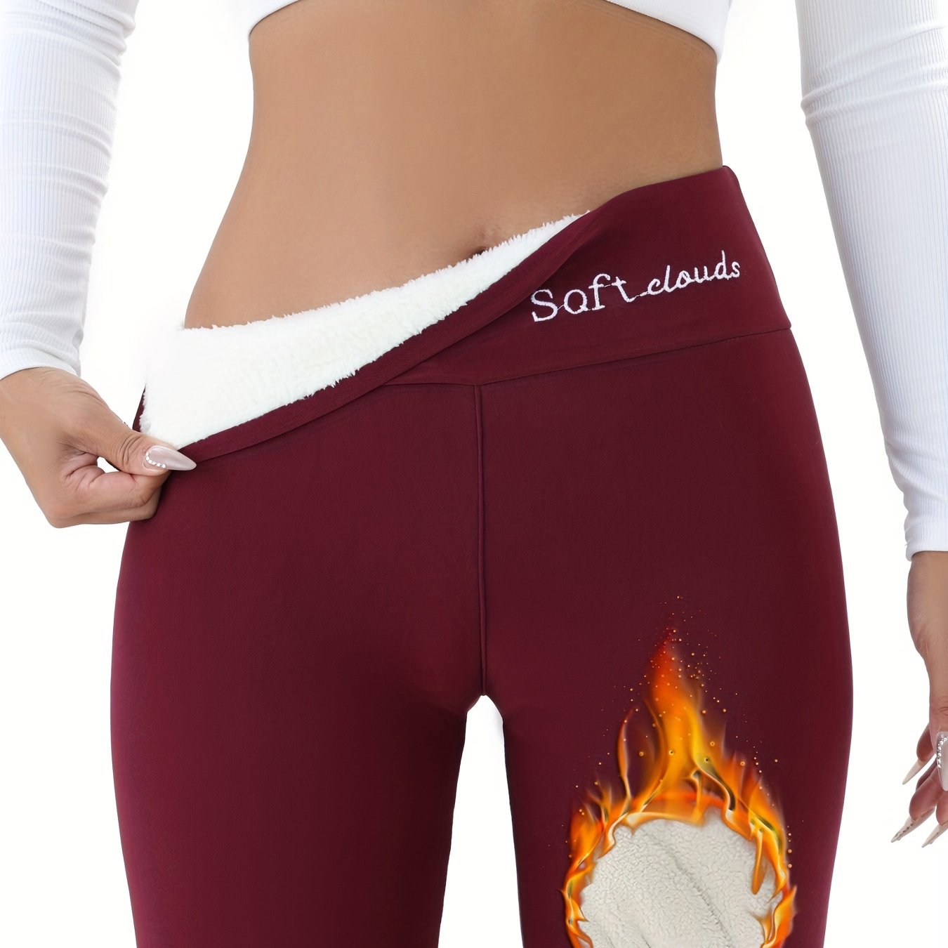 Women's Fleece-Lined Leggings with Embroidery and Flame Detail for Fall Winter