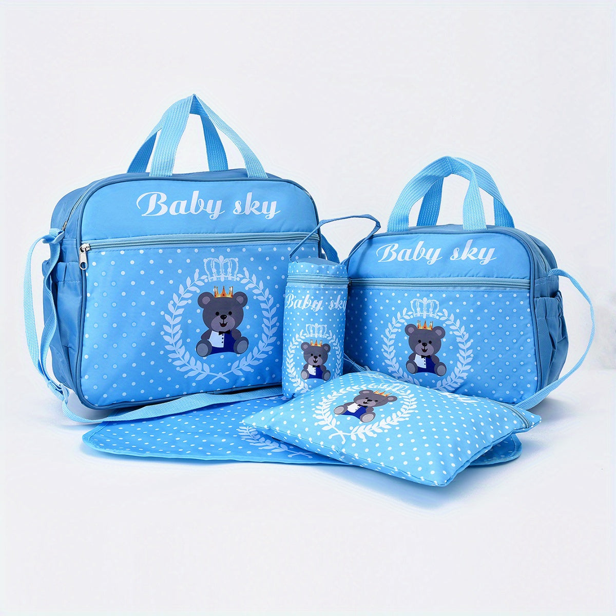 Five-Piece Bear-Printed Diaper Bag Set Large Capacity Multifunctional Mommy Bag
