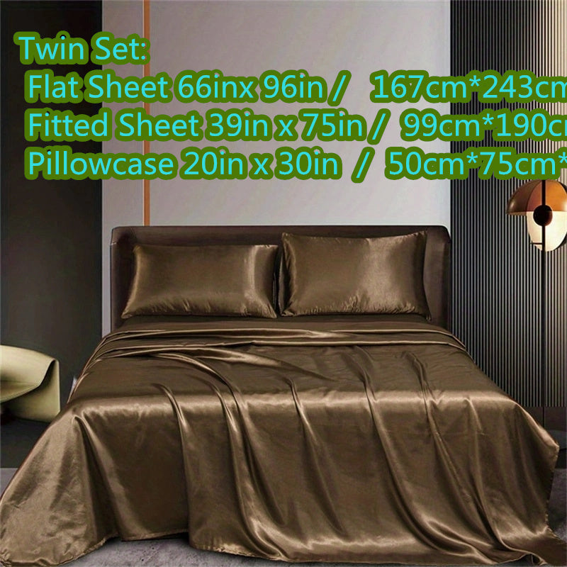 Juego de 4 sábanas de satén para ropa de cama incluye sábana superior, sábana ajustable y fundas de almohada, lujoso dormitorio, habitación de invitados