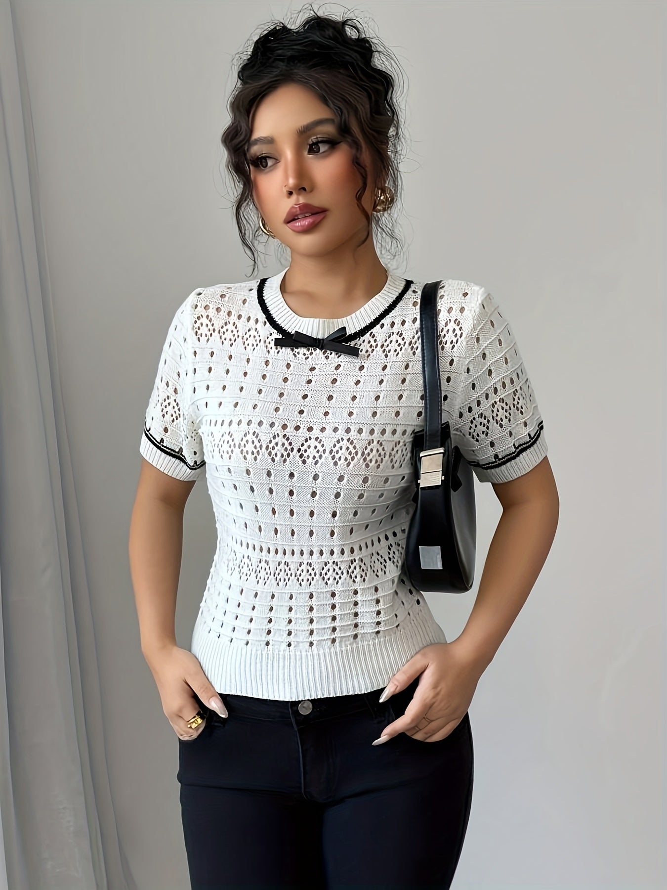 Women's Knit Summer Short Sleeve Top Round Neck Breathable Lace Pullover