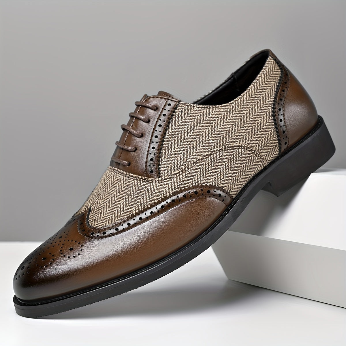 Men's Casual Leather Brogue Oxfords with Wingtip Design Rubber Sole