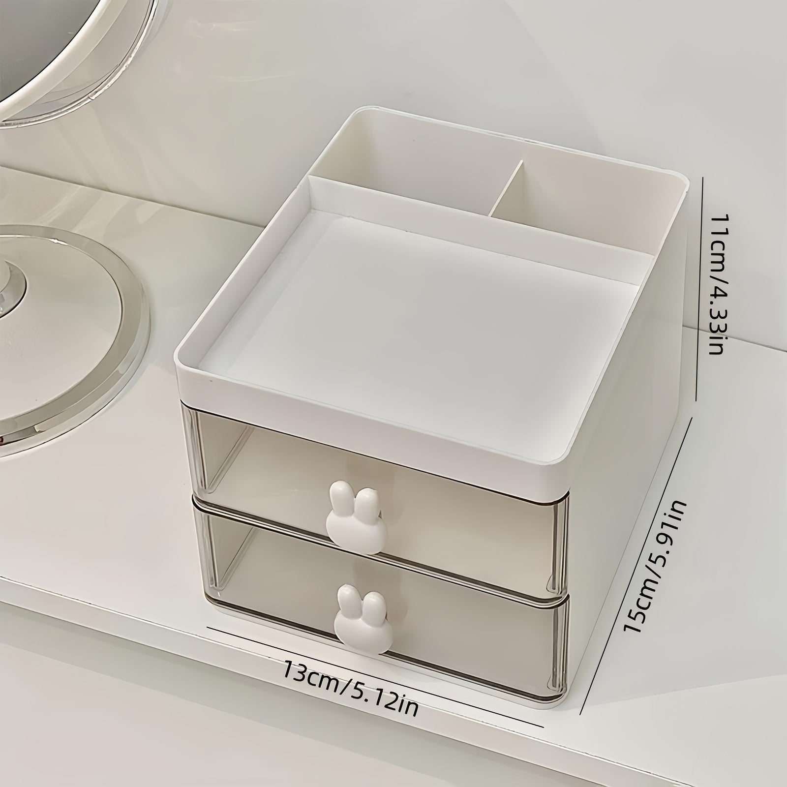 White Cosmetic Storage Box with Rabbit Handles 2-Drawer Desktop Organizer for Makeup Jewelry Office Supplies