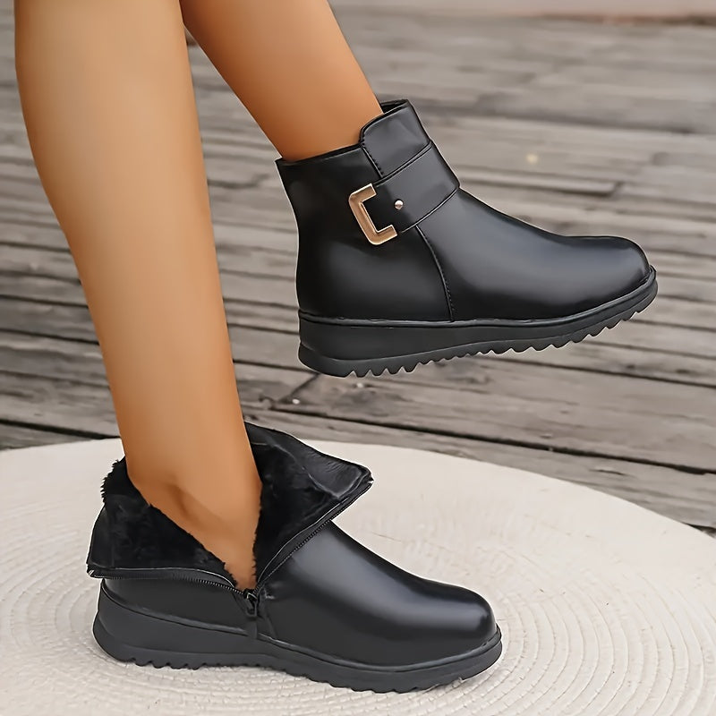 Women's Fleece-Lined Short Boots Thickened Regular Toe Winter Shoes