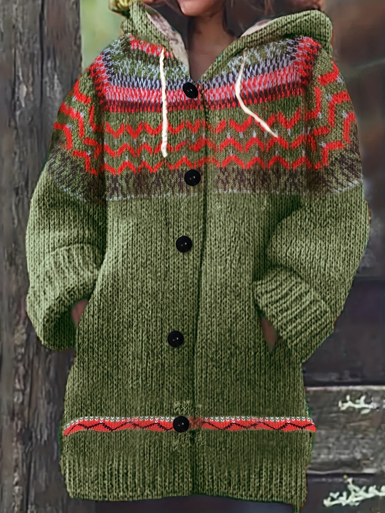 Plus Size Women's Geometric Pattern Hooded Cardigan Warm Winter Long Sleeve Open Front Sweater