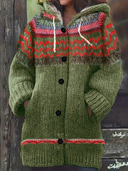 Plus o'lchamli ayollar uchun geometrik naqshli kapüşonli kardigan issiq qish uzun qolli ochiq oldi sviter