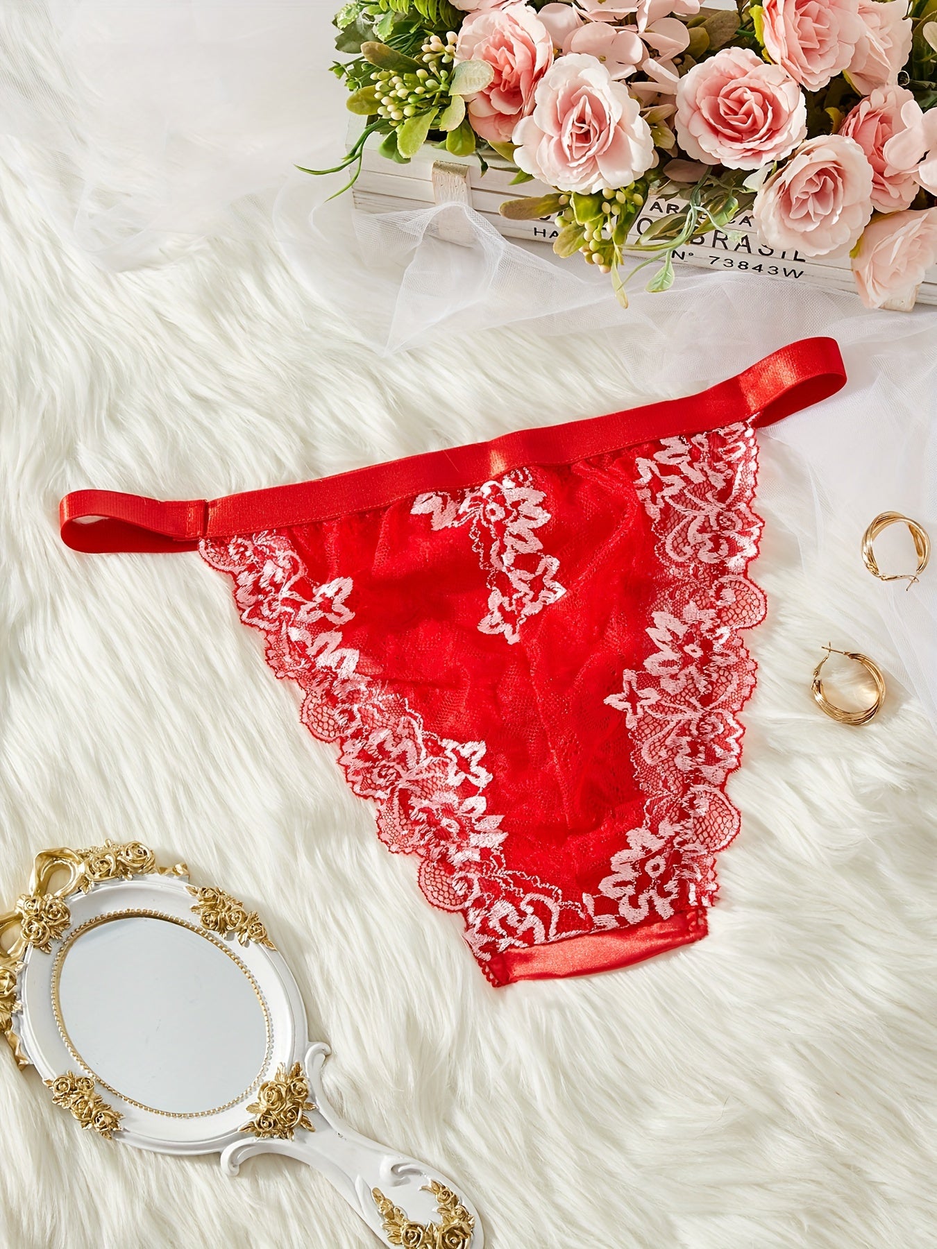 Women's Lace Trim Semi-Sheer Polyester Blend Thong with Bow Detail