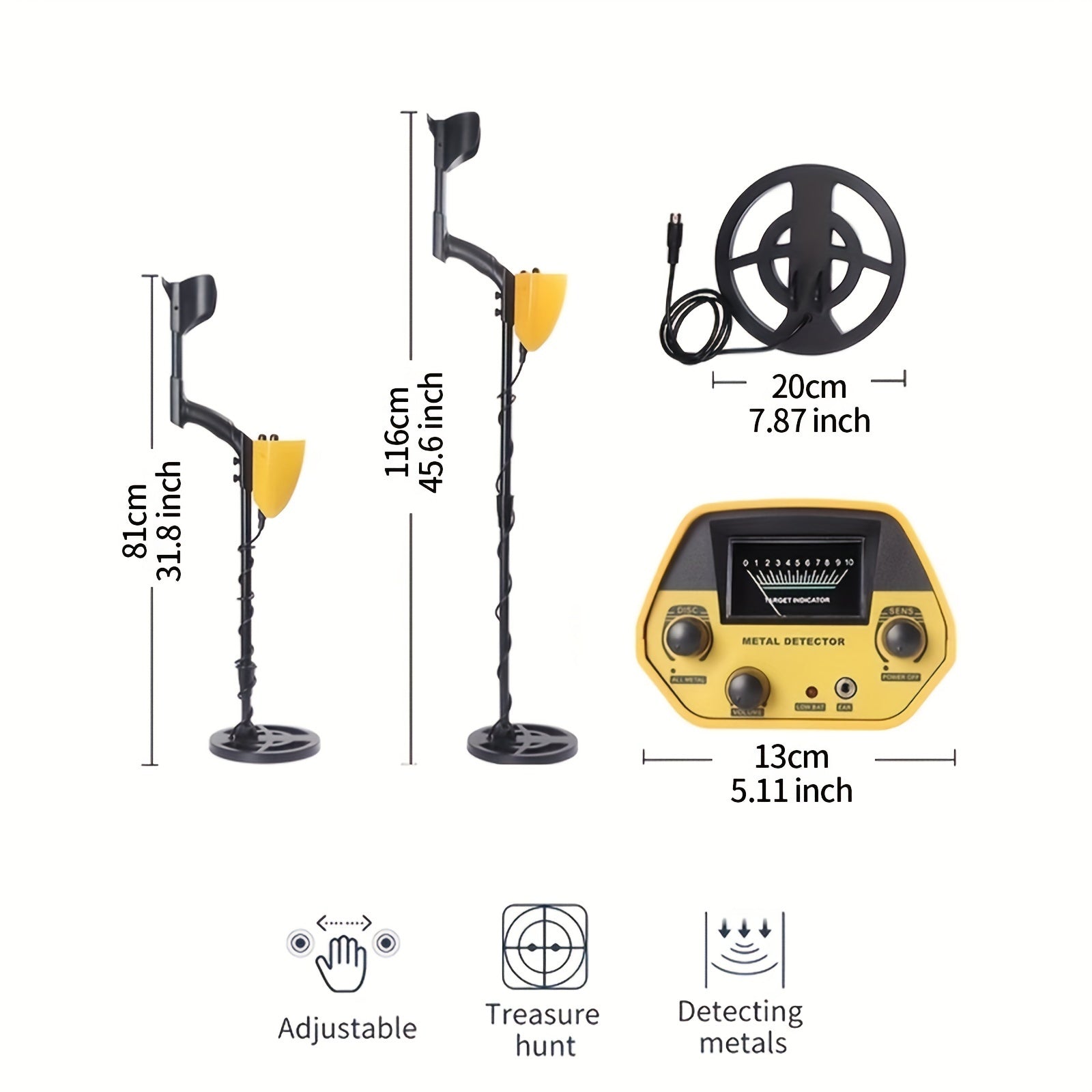Metal Detector for Beach Treasure Hunting with 20.32cm Coil Adjustable Sensitivity and Target ID