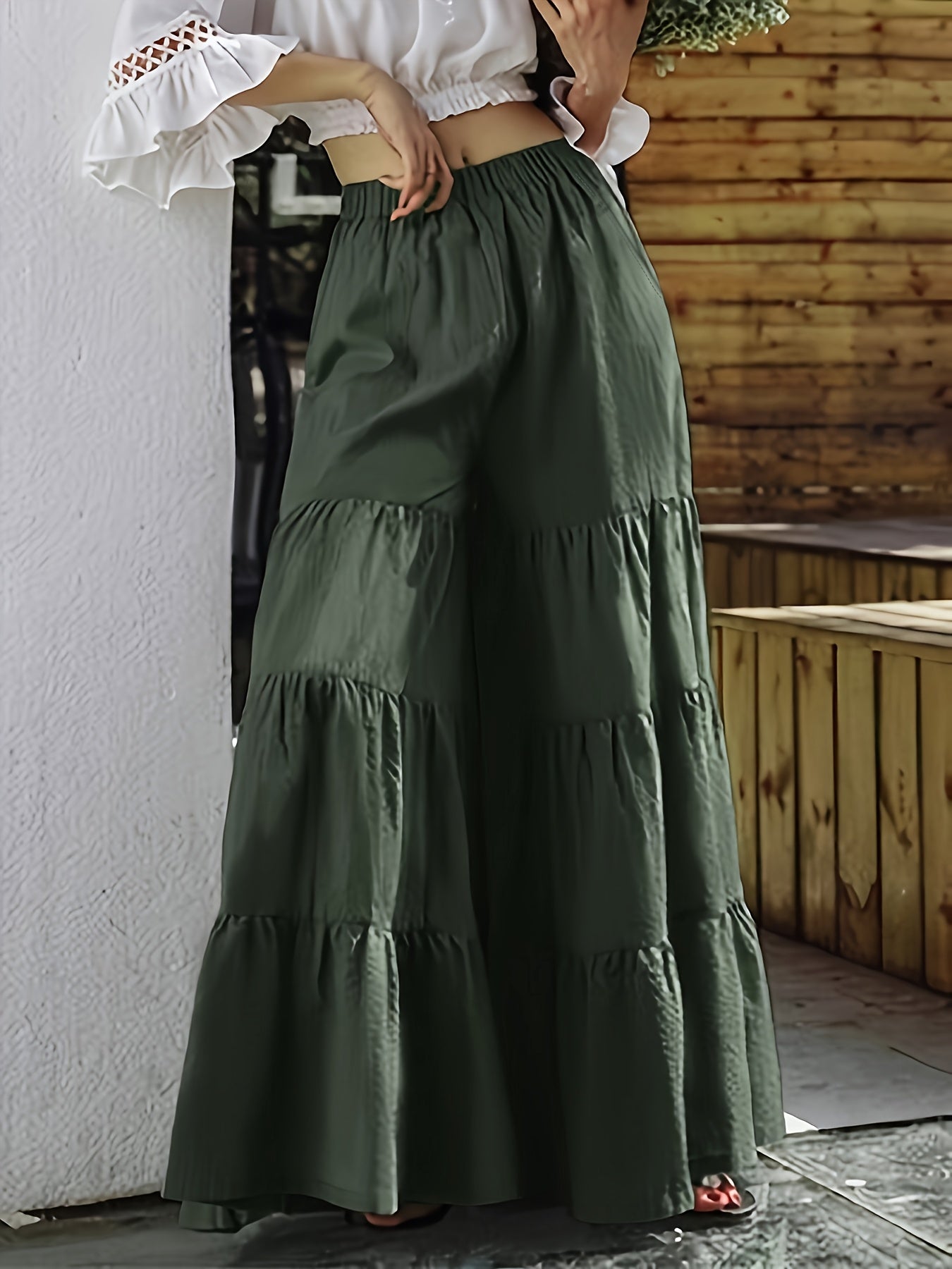 Women's Plus Size Green High-Waisted Wide Leg Pants Ruffle Tiered Casual