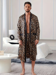 Men's Leopard Print Pajama Set with V-Neck Robe and Belted Pants