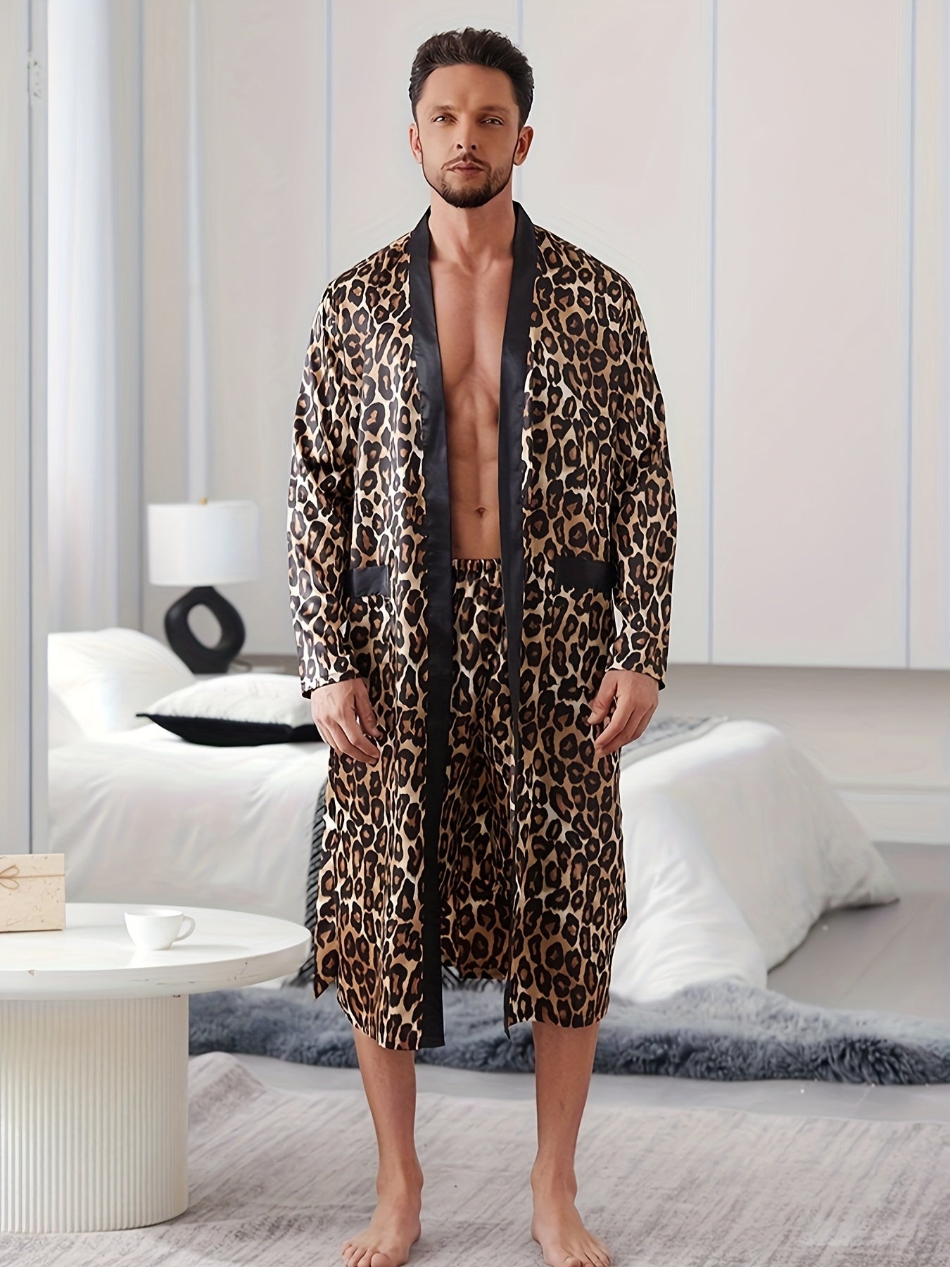 Men's Leopard Print Pajama Set with V-Neck Robe and Belted Pants