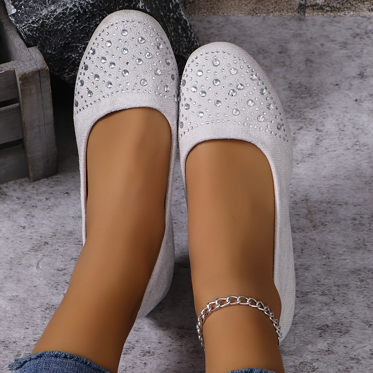 Women's Rhinestone Decor Flats Slip-On Soft Sole Ballets for Daily Wear