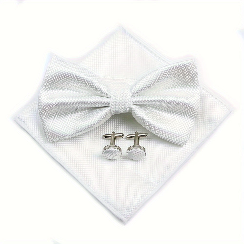 Set of 3 Wedding Accessories for Grooms and Groomsmen Bowtie Cufflinks and Pocket Towel
