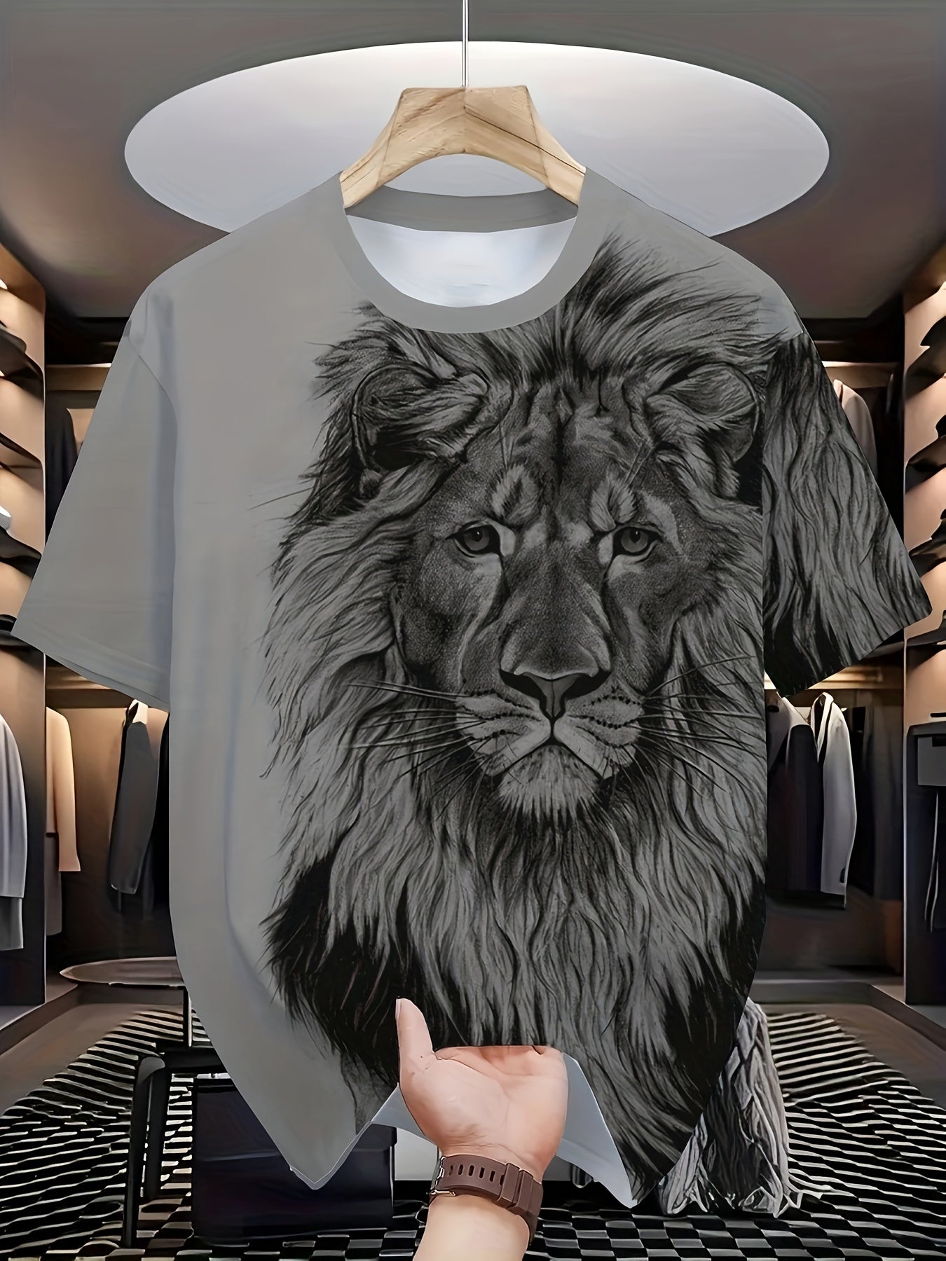 Men's Plus Size Lion Print Casual Outfit Short Sleeve T-Shirt and Sweatpants Set Summer Knit Fabric