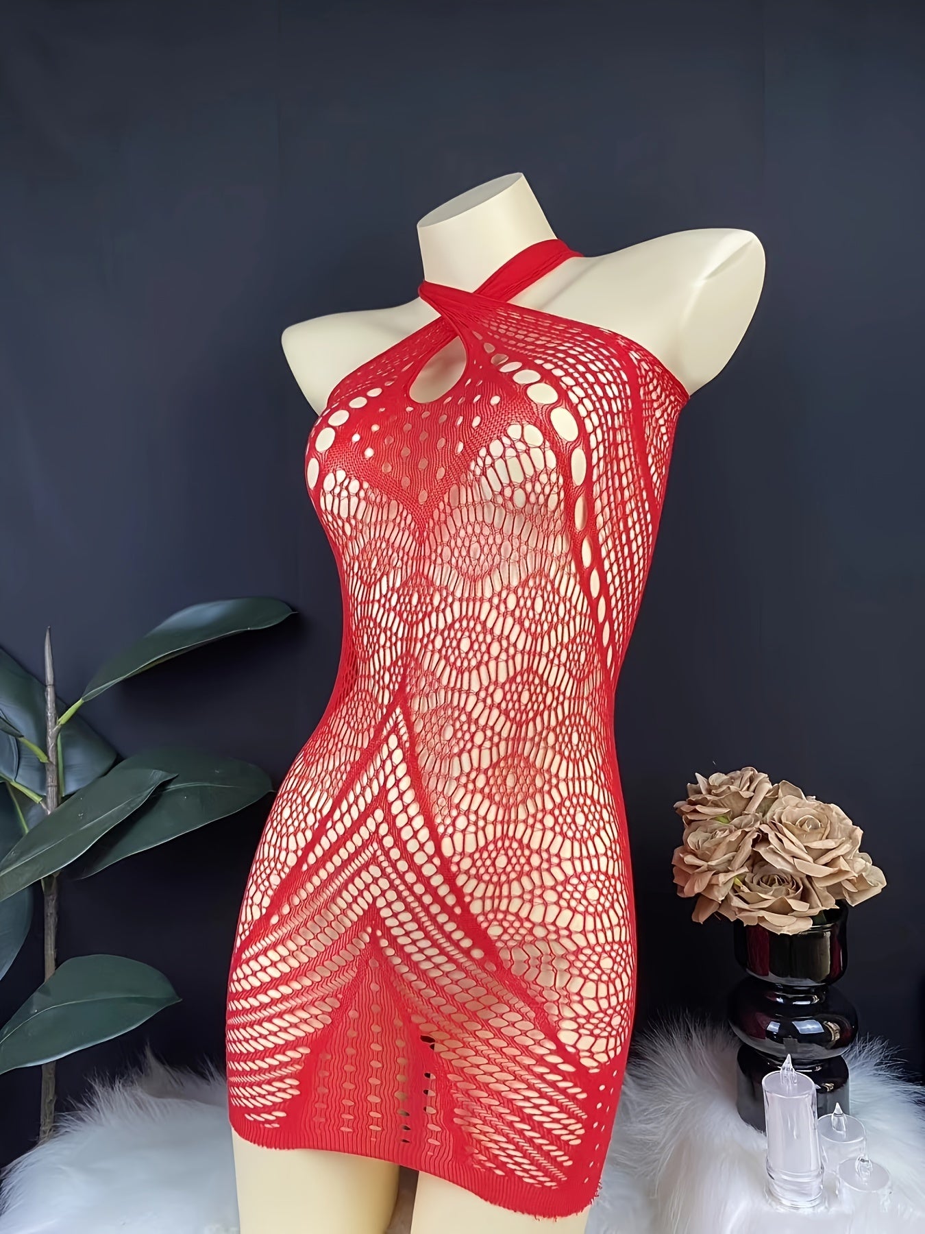 Red Lace Bodysuit with Sheer Mesh and Halter Neck for Nightclub Wear