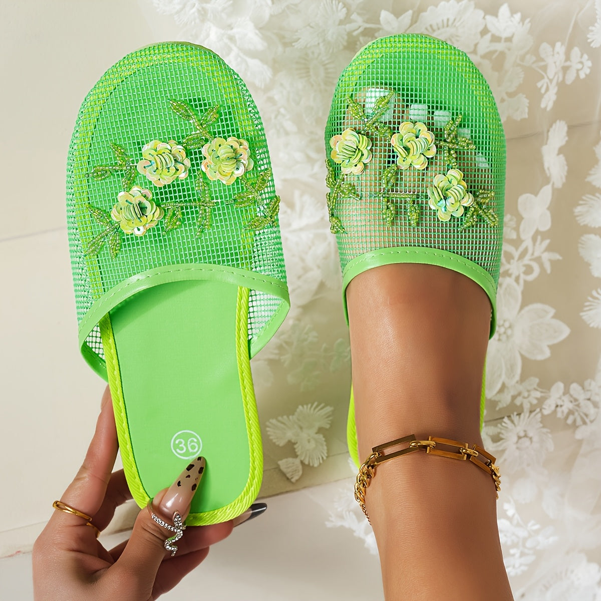 Women's Black Mesh Slide Sandals with Spider Web Pattern Lightweights