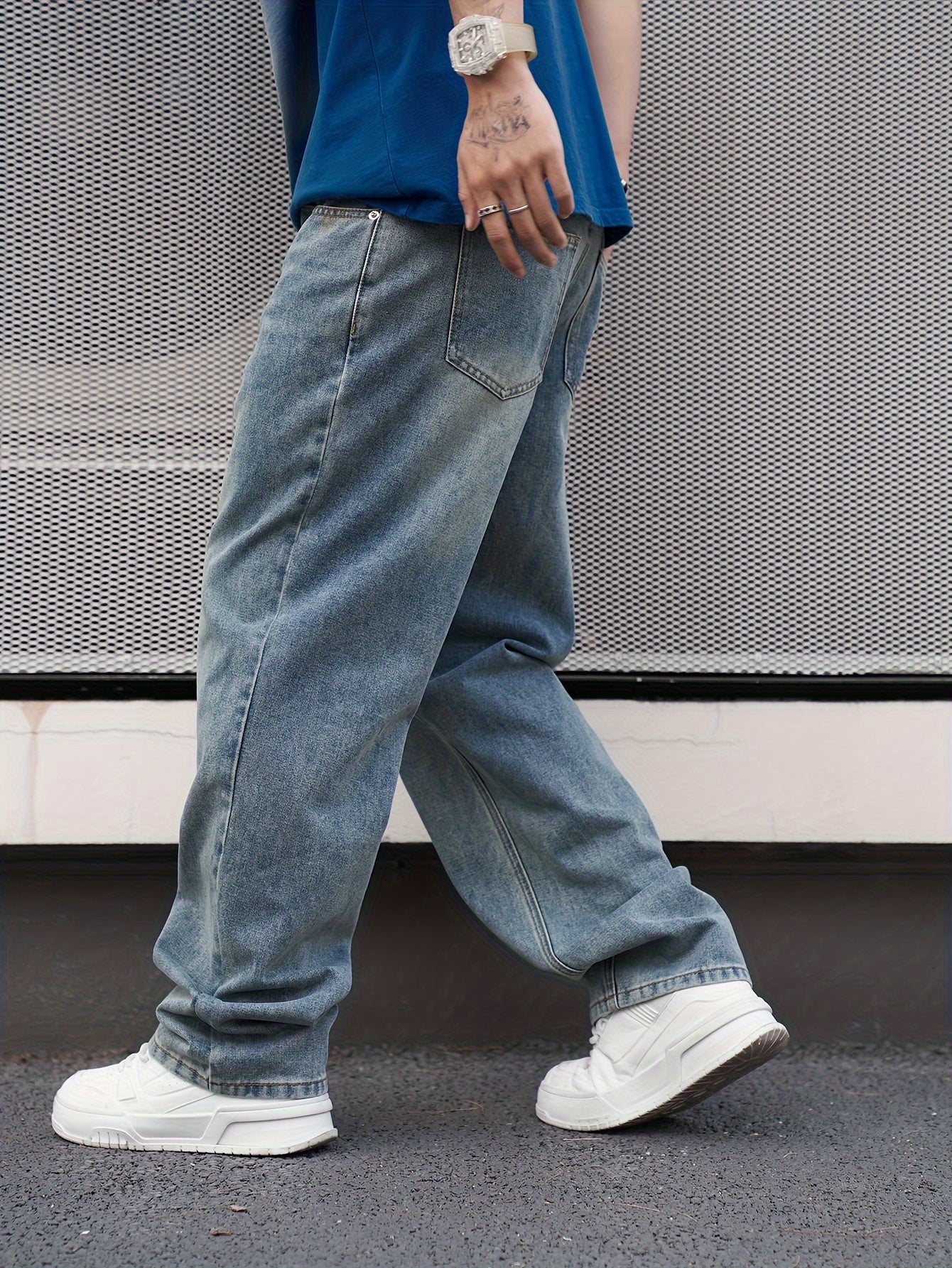 Jeans de mezclilla lavada de corte recto casual para hombre, ajuste regular