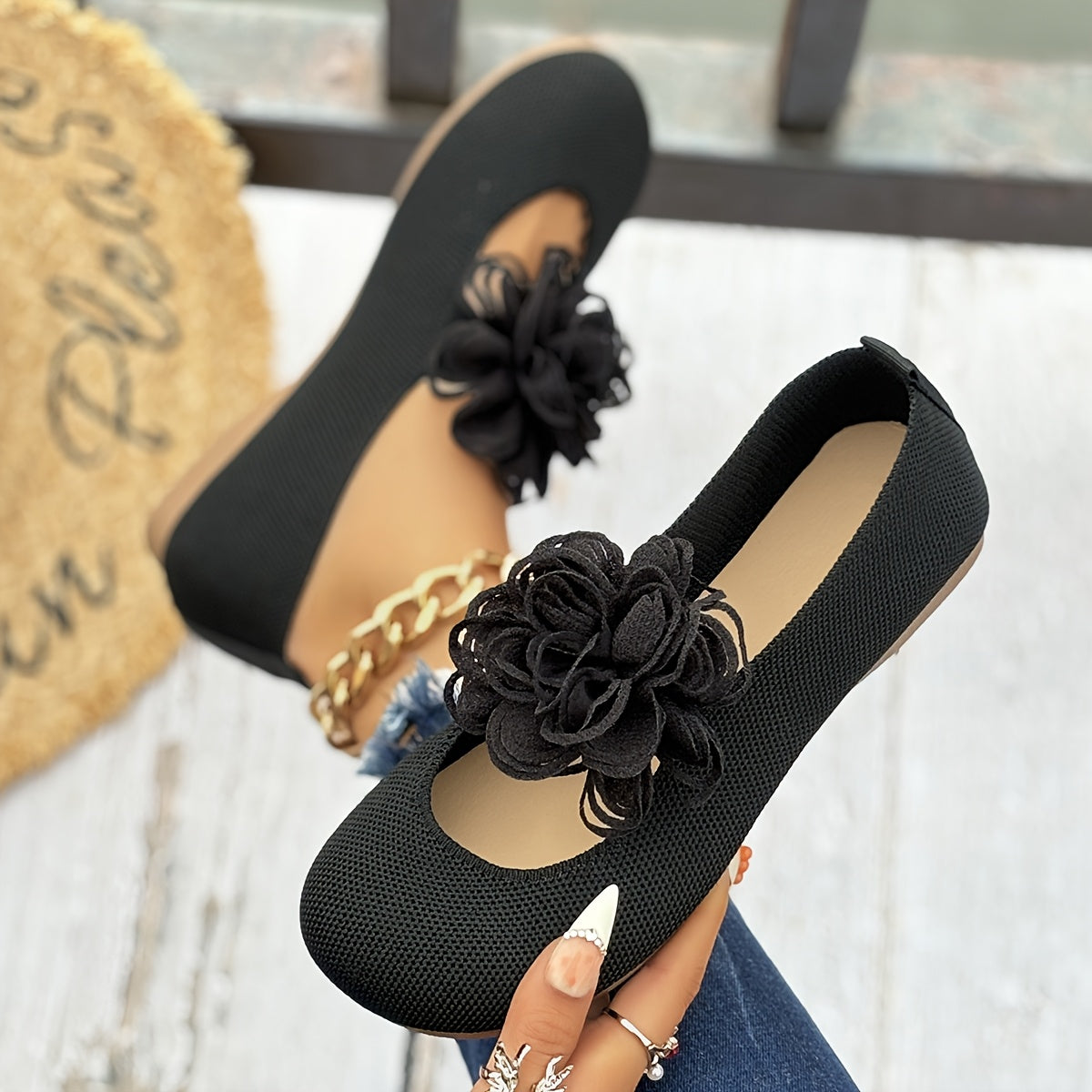 Women's Slip-On Flats Black Cushioned All-Season Dress and Casual Shoes