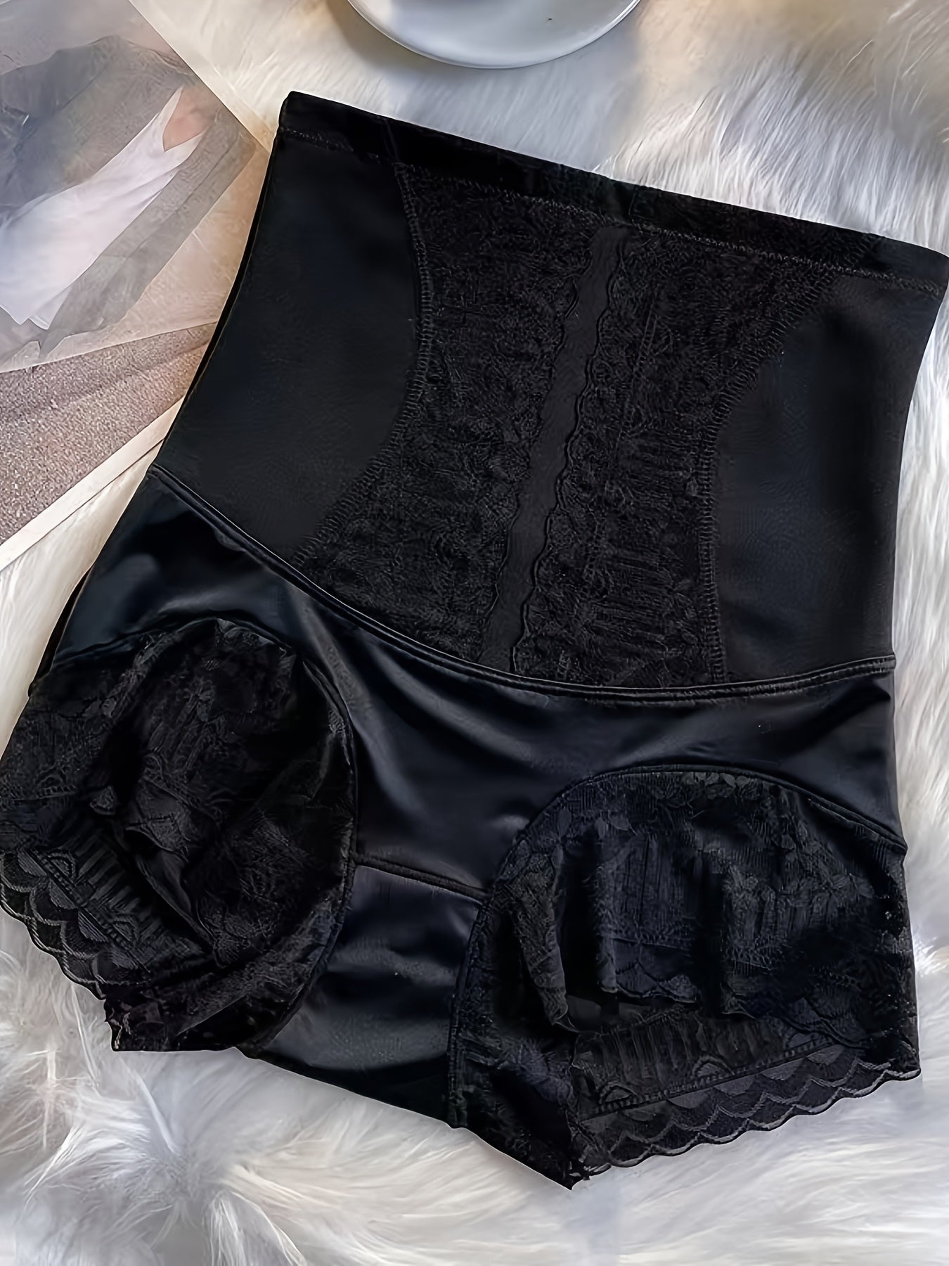 Bragas moldeadoras de cintura alta para control de abdomen para mujer, tejido de punto sin costuras, encaje en contraste, color sólido