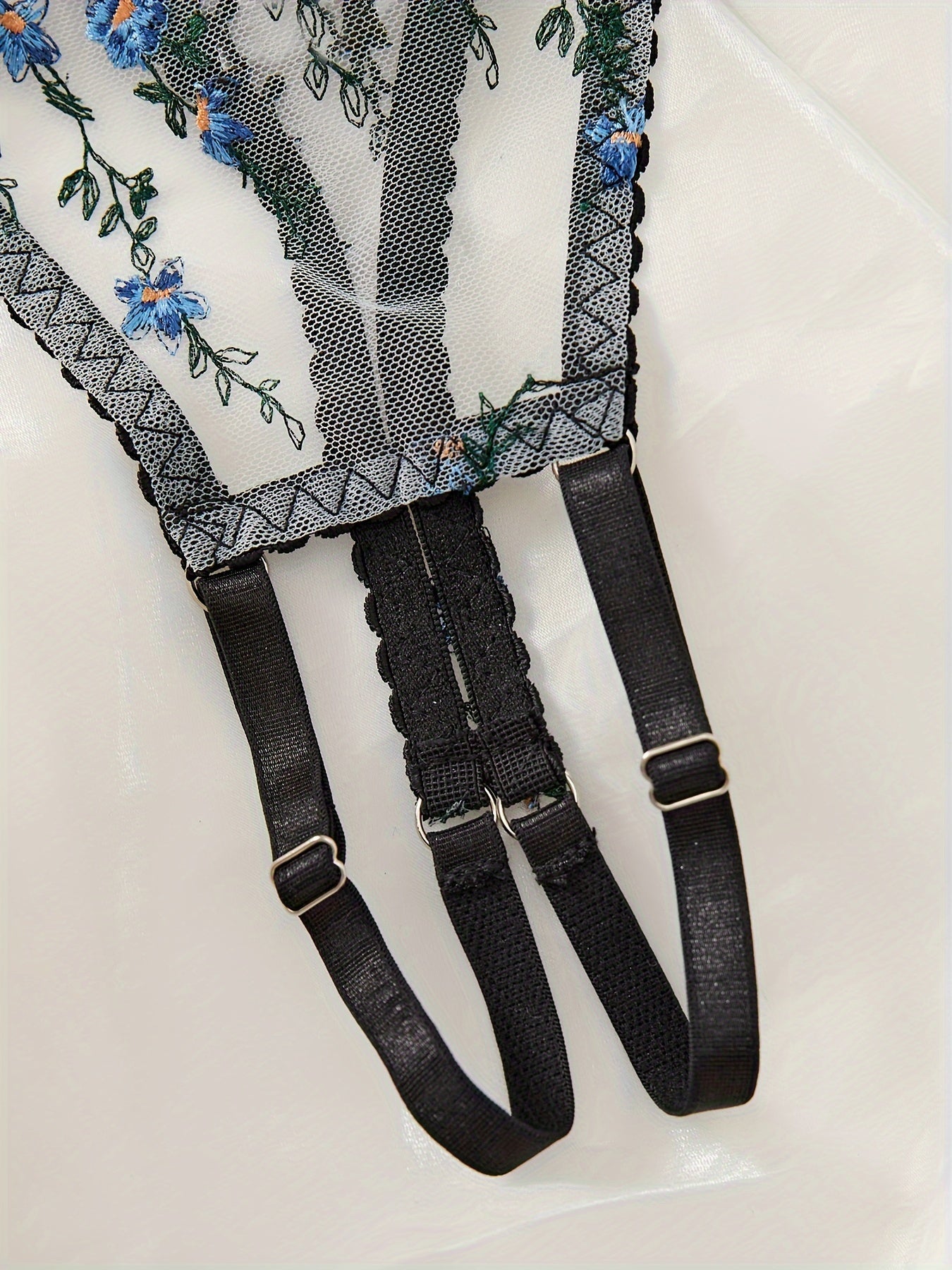 Sheer Mesh Lingerie Set with Flower Pattern Cupless Bra and Thong