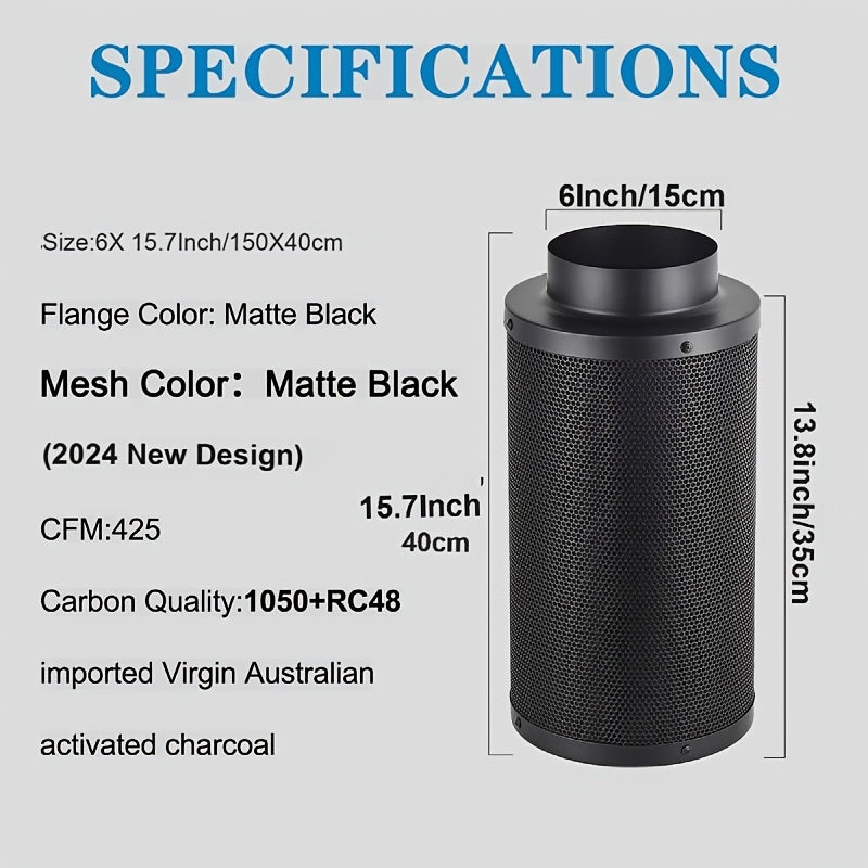 Black Metal Plant Growth Tent Air Filter 6x16 Inches Activated Carbon Hydroponic