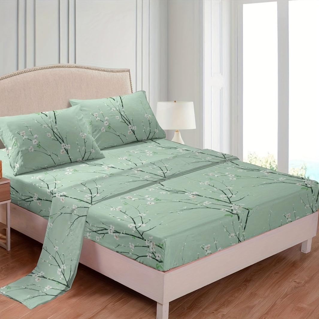 Set of Four Flower Print Fitted Sheets with Pillowcases Breathable Soft Cotton