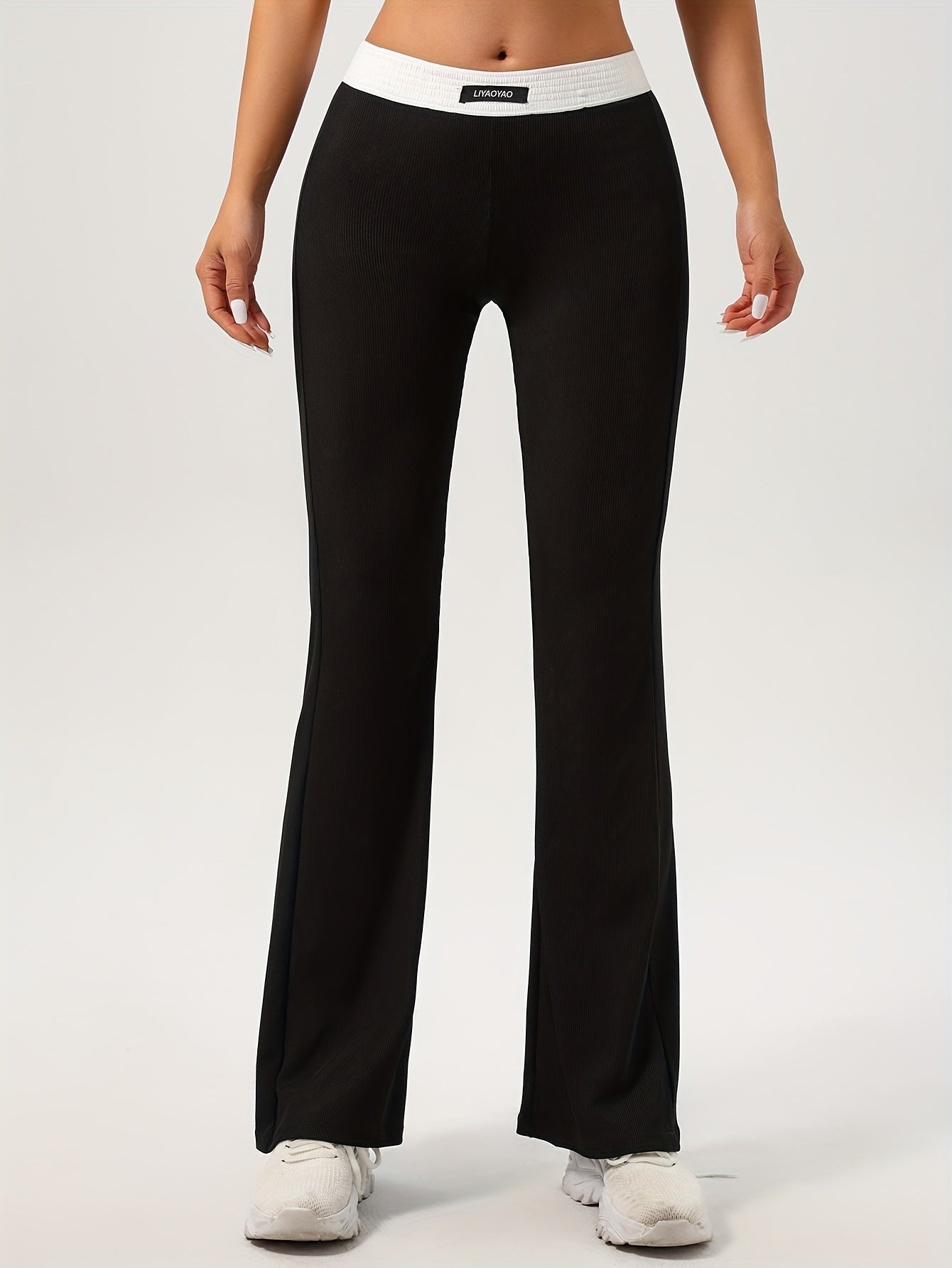 Women's High Waist Flare Pants with Contrasting Color Details and Stretch Fabric for Casual Fall Wear