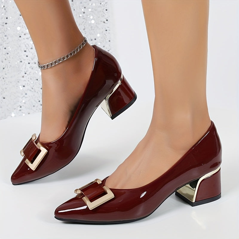 Women's Elegant Pointed Toe Mary Jane Heels Glossy Black with Gold Buckle