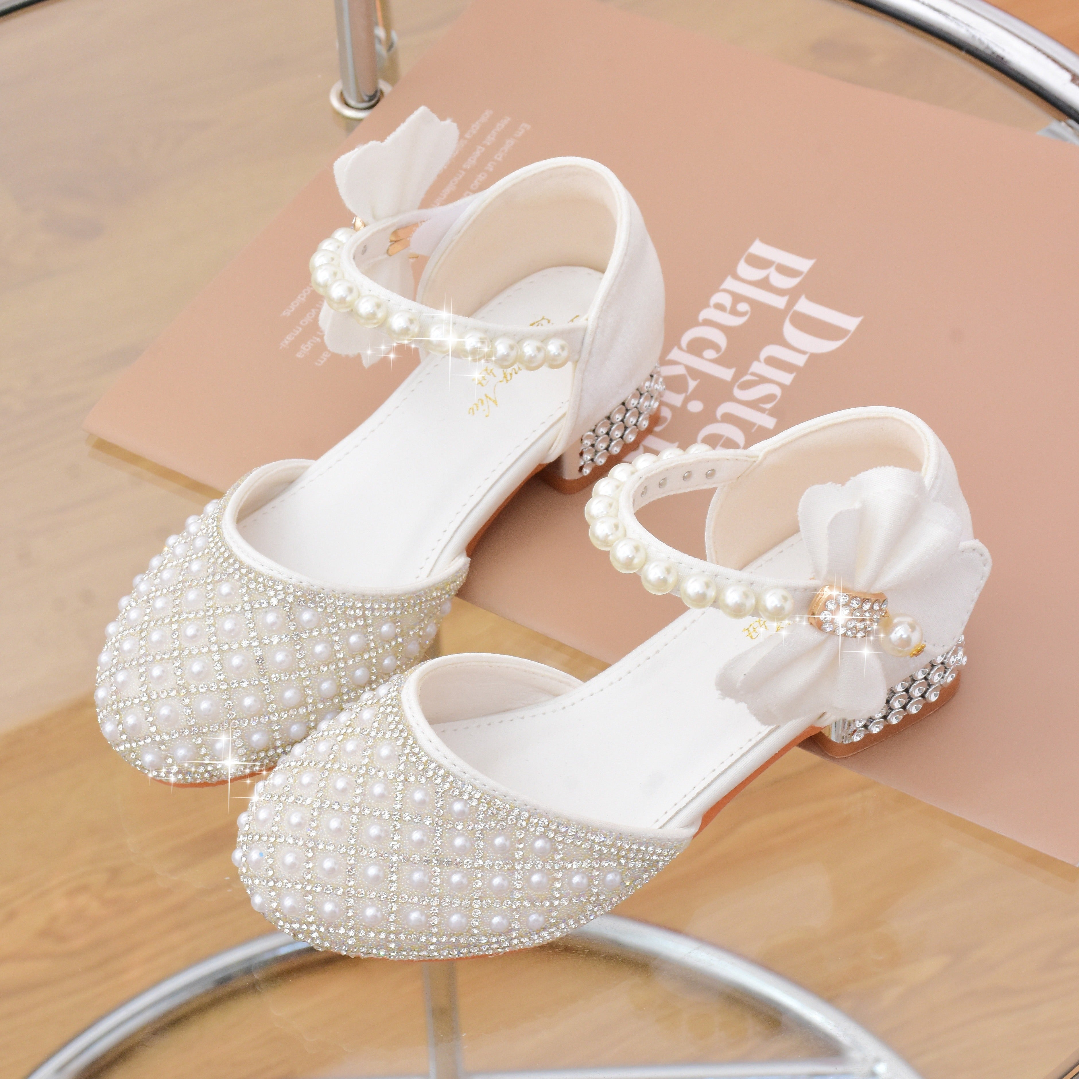 Girls Children's Spring and Summer High Heels with Pearl Crystals Bowknot Butterfly Knot