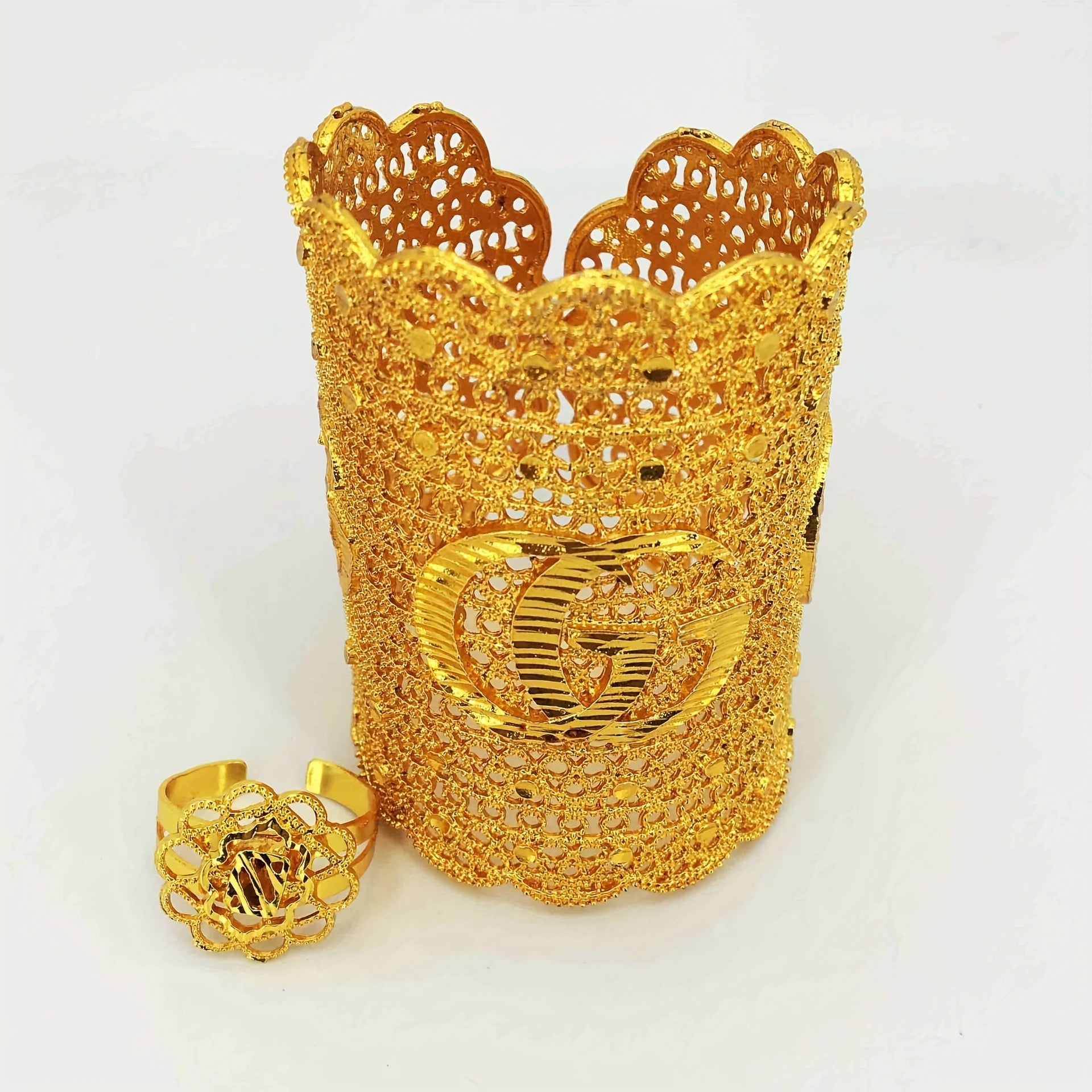 Set of 2 Copper Jewelry Pieces Open Cuff Bracelet and Ring Filigree Design for Special Occasions