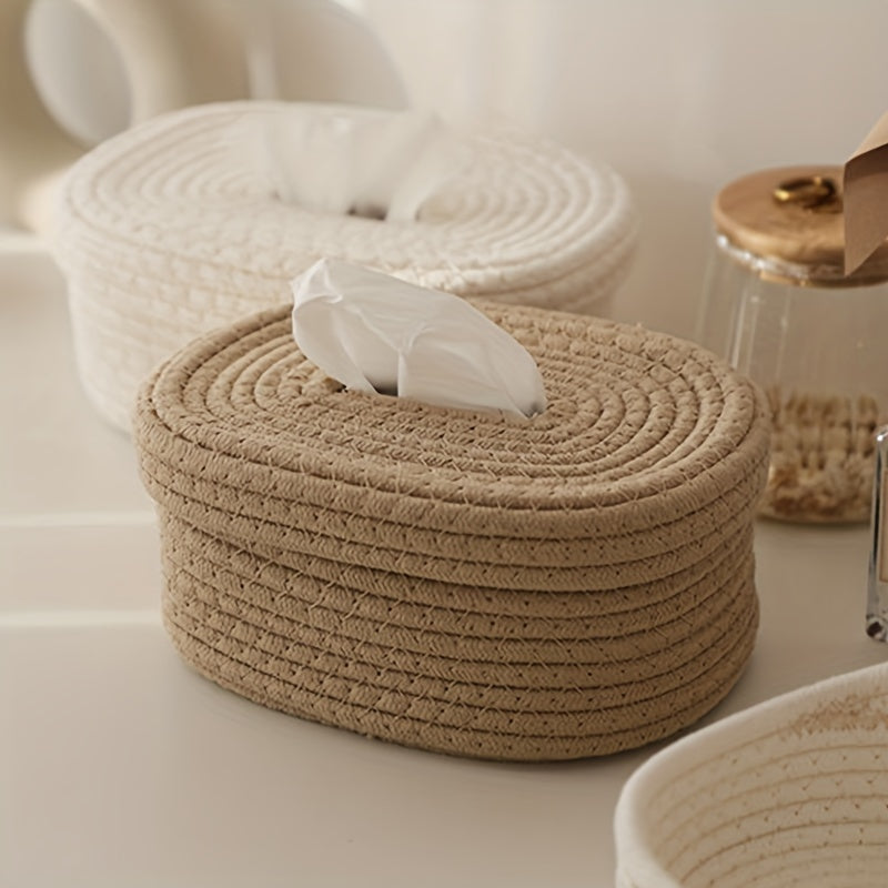 Beige Rope-Woven Tissue Box with Decorative Bow for Home Car or Office Use