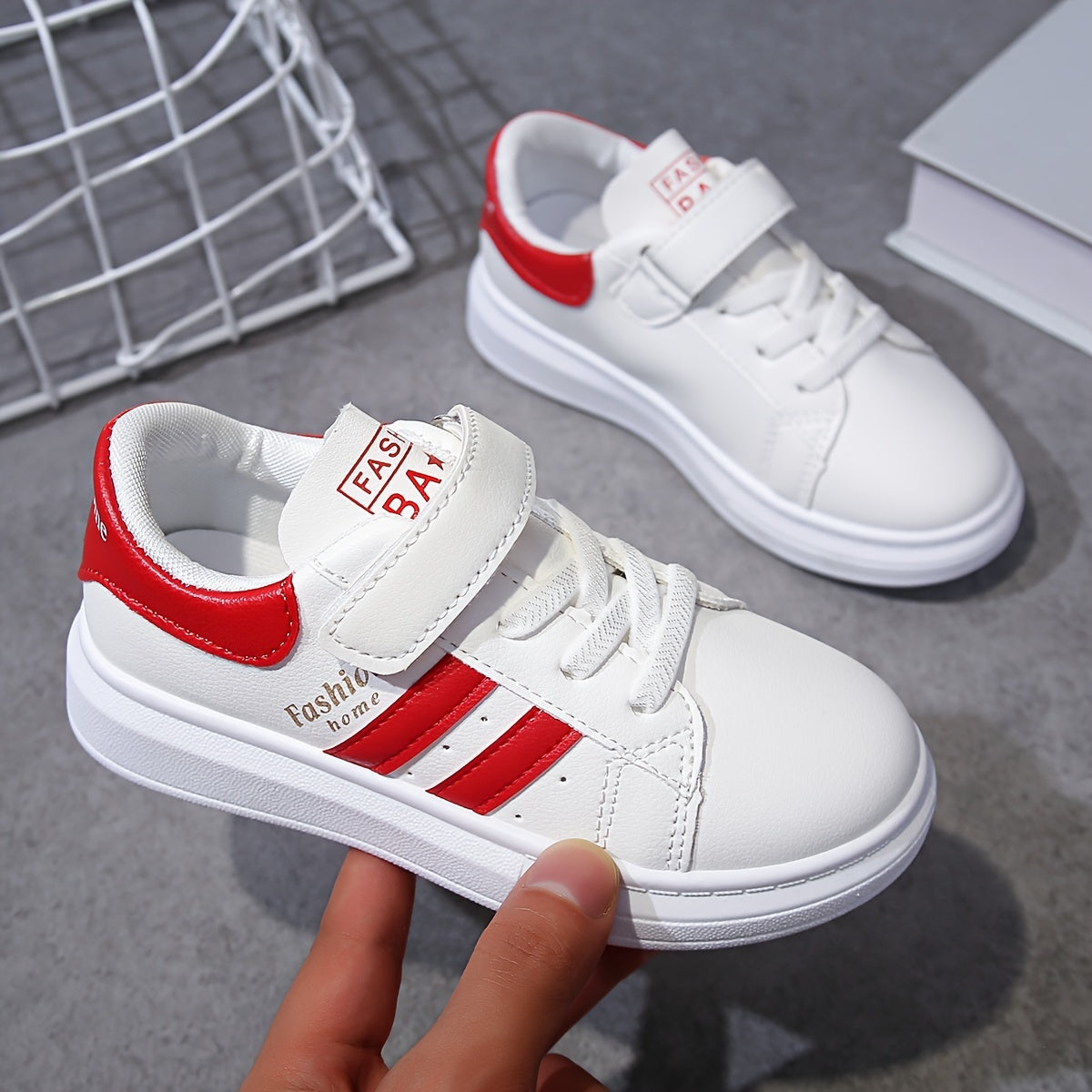 Kids' White Casual Sneakers for Boys and Girls with Red Stripes, PU Upper, PVC Sole