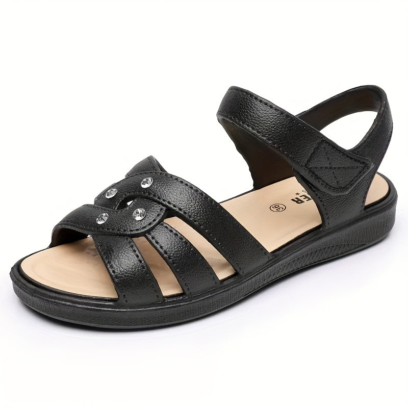 Women's Black Flat Sandals Open-Toe Slip-On Breathable Casual Shoes
