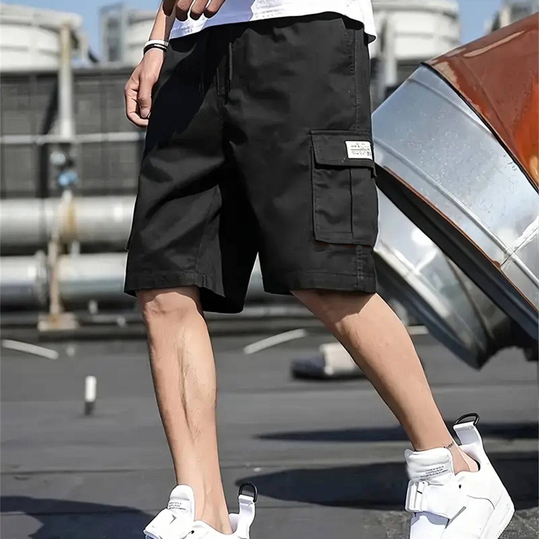 Men's Plus-Size Cargo Shorts Lightweight Polyester Pockets Drawstring Streetwear Basketball