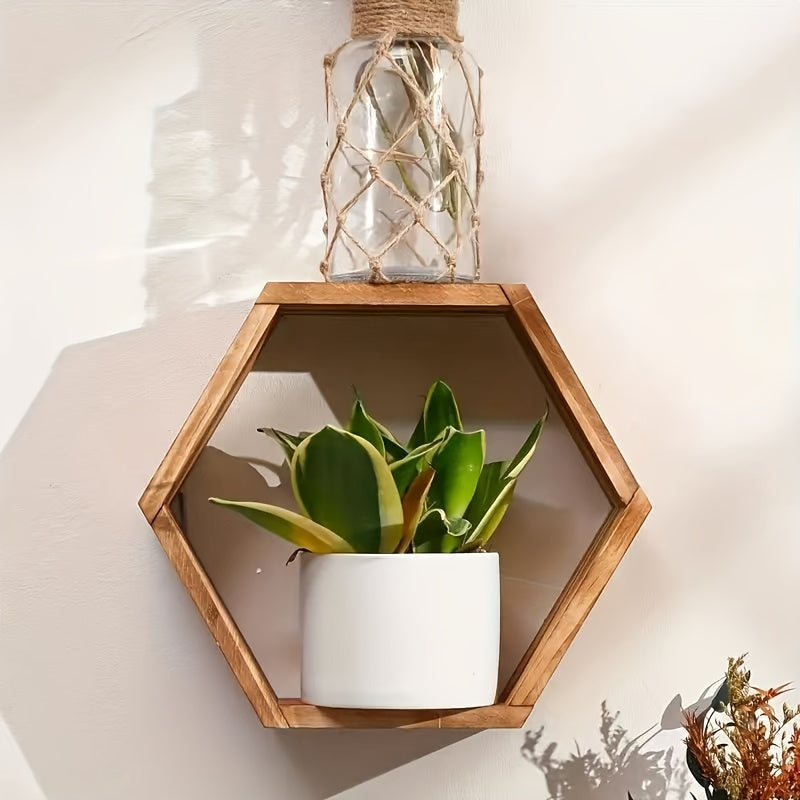 Brown Wood Hexagon Wall Shelf for Bedroom and Living Room Decor